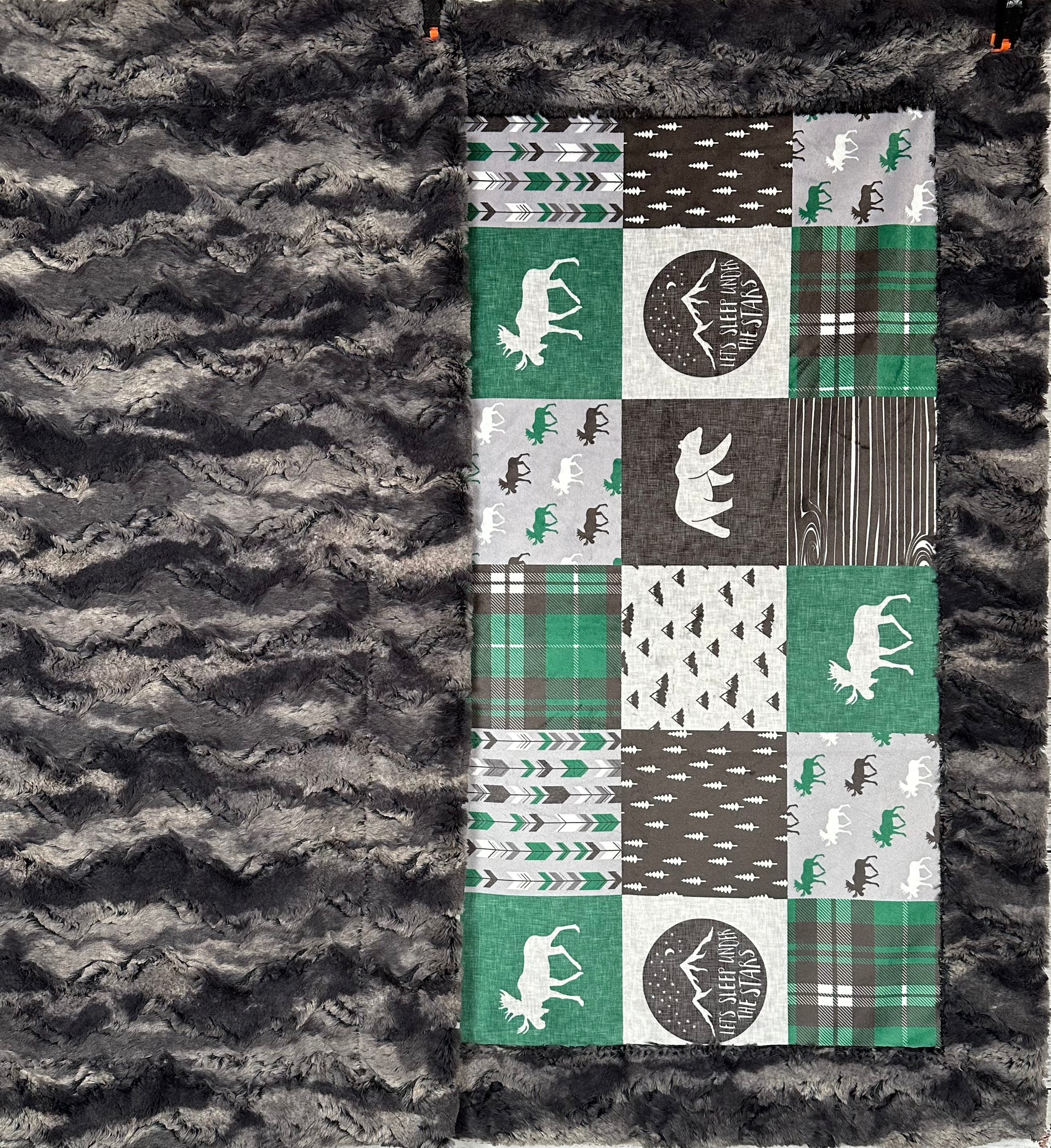 Green and Gray Patchwork Minky Blanket - 40x61 Inches Child Size with Pillowcase | Soft & Cozy for Bedtime, Nursery, Stargazing | Nine Iron Luxe Collection