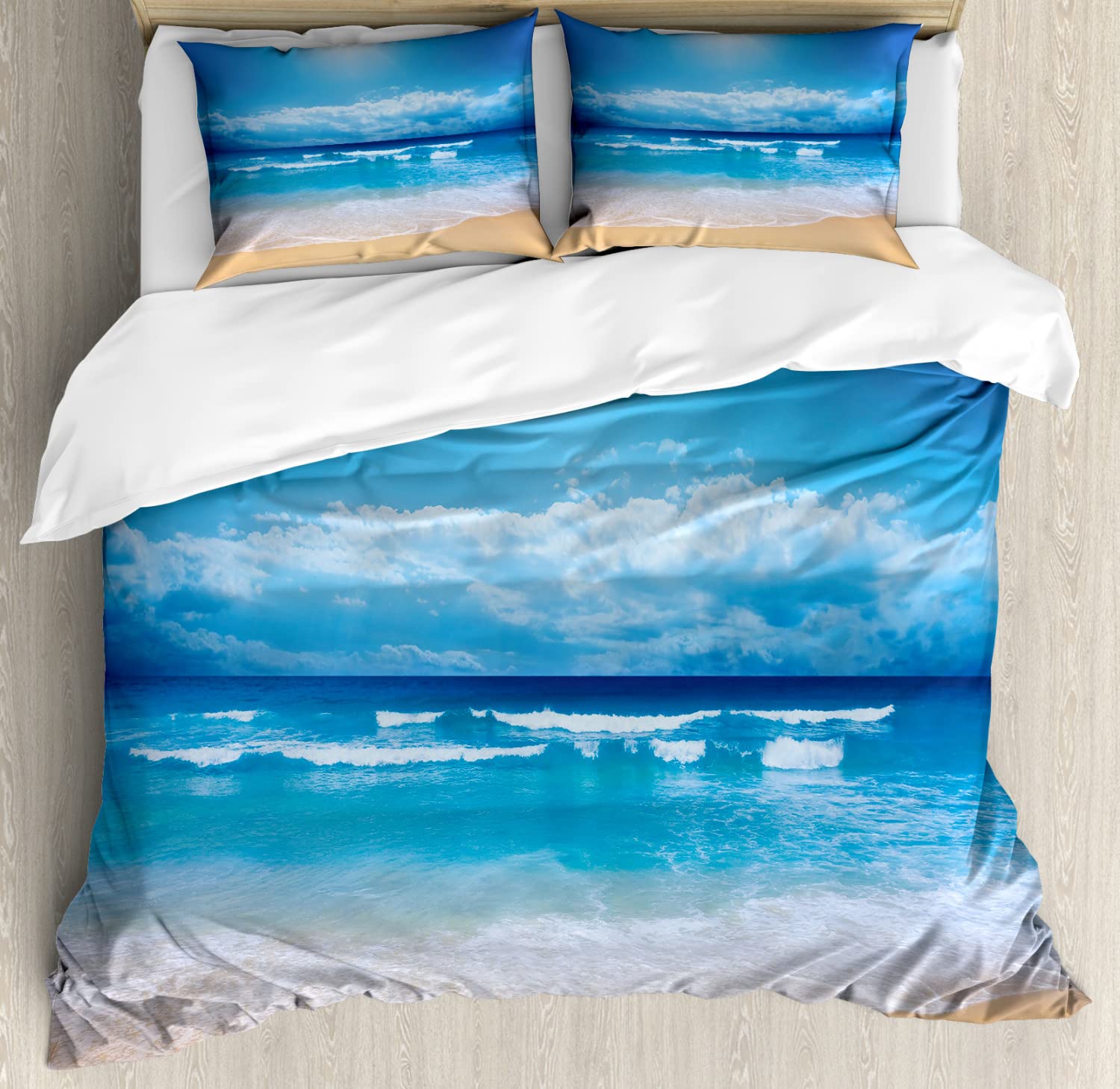 Ambesonne Beach Duvet Cover Set - Queen Size 2-Pack with 2 Duvet Covers & 4 Pillowcases | Summer Seascape Digital Print in Sand Brown & Blue | Coastal Bedroom Decor for Vacation Homes & Beach Themed Rooms