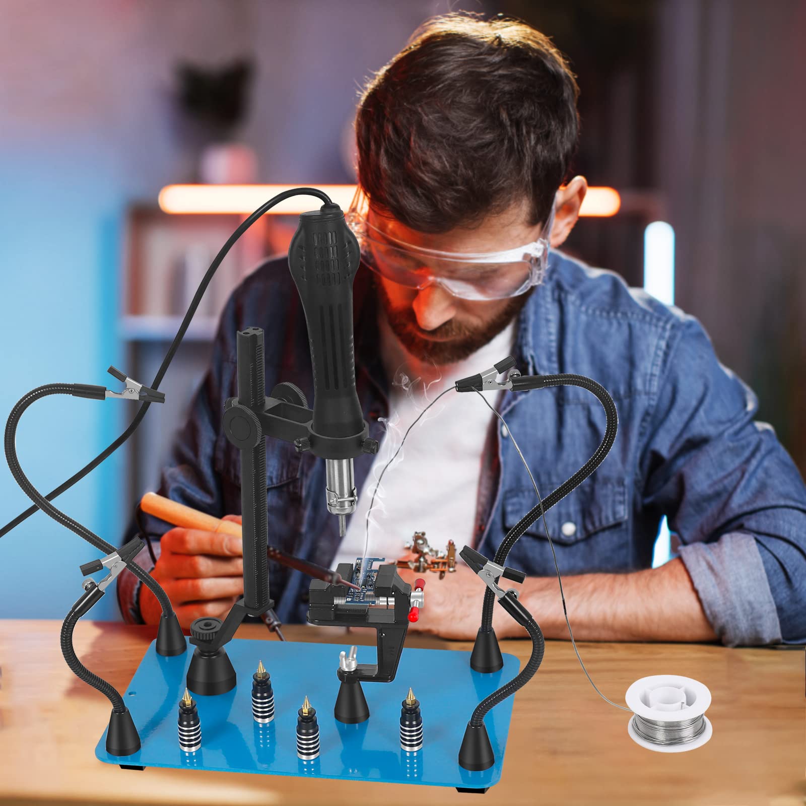 Magnetic Soldering Helping Hands with 2-in-1 Heat Gun Holder & Flexible Arms - Third Hand Tool for Welding, PCB Repair, Hobby Crafts - Perfect for Electronics Workbench & DIY Projects