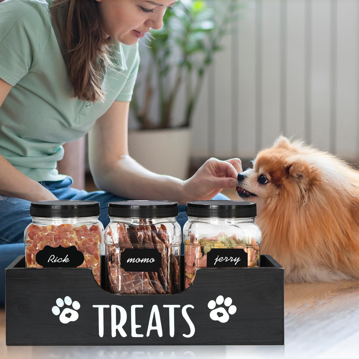 Farmhouse Style Wooden Dog Treat Storage Container with 3 Plastic Jars - Pet Food Organizer for Dogs, Cats & Small Animals - Perfect for Kitchen Counter, Pantry or Pet Feeding Station