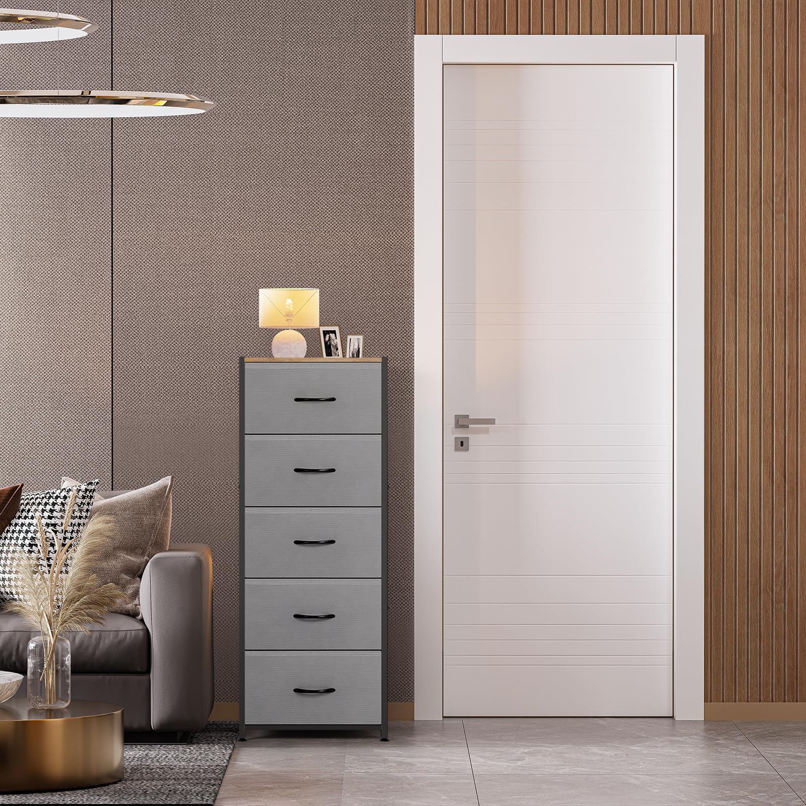 MOOACE 5-Drawer Dresser with Wooden Top - Tall Fabric Storage Tower Organizer for Bedroom, Closet, Living Room & Entryway - Sturdy Metal Frame in Grey - Perfect for Small Space Organization & Home Decor