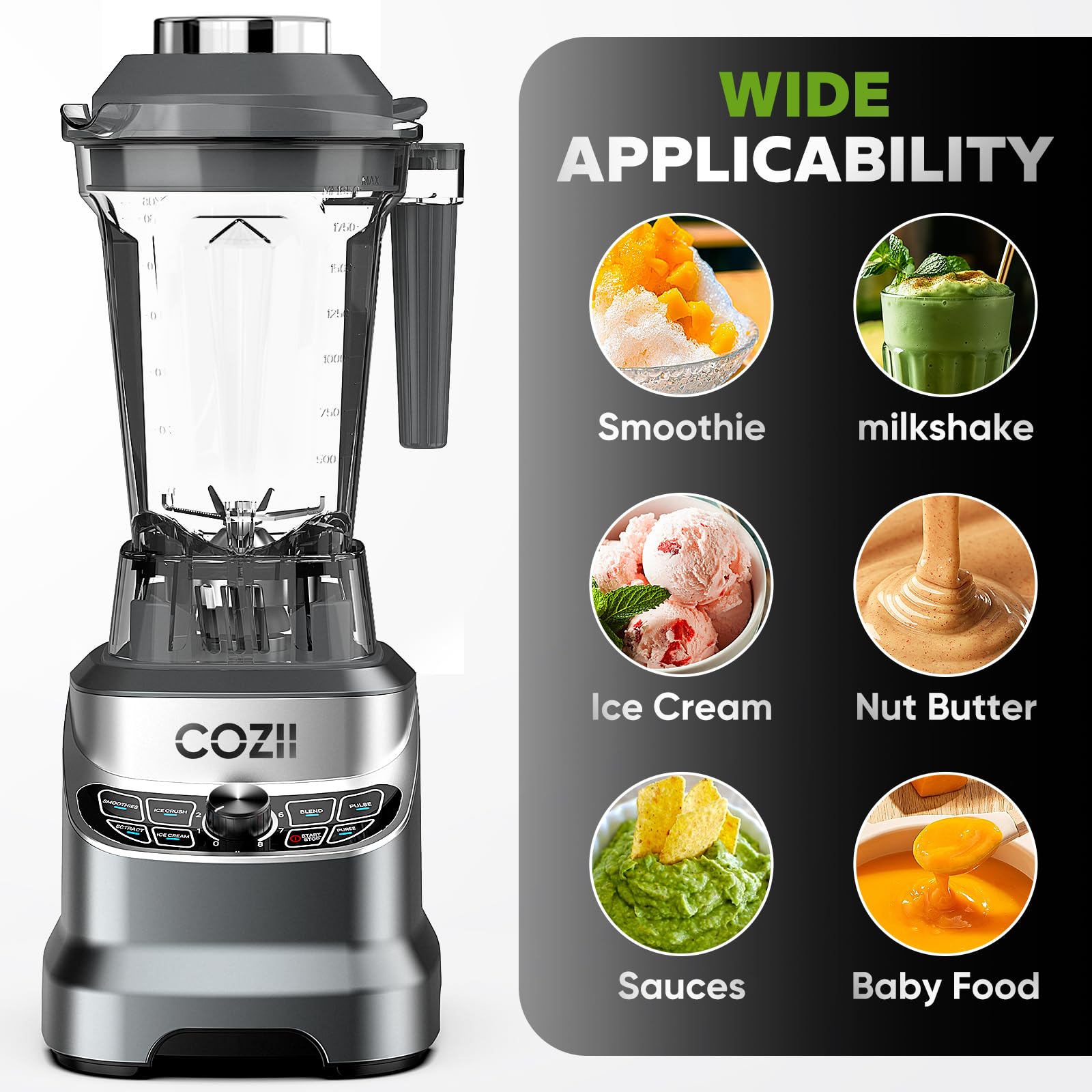 COZII 2000W Professional Blender for Smoothies, Frozen Drinks & Nut Butter - 64oz Pitcher & 21oz To-Go Cup - 7 Preset Programs for Ice Crushing, Dips & More - High Speed Countertop Blender - Dishwasher Safe - Perfect for Home Kitchen, Healthy Smoothie Making & Meal Prep