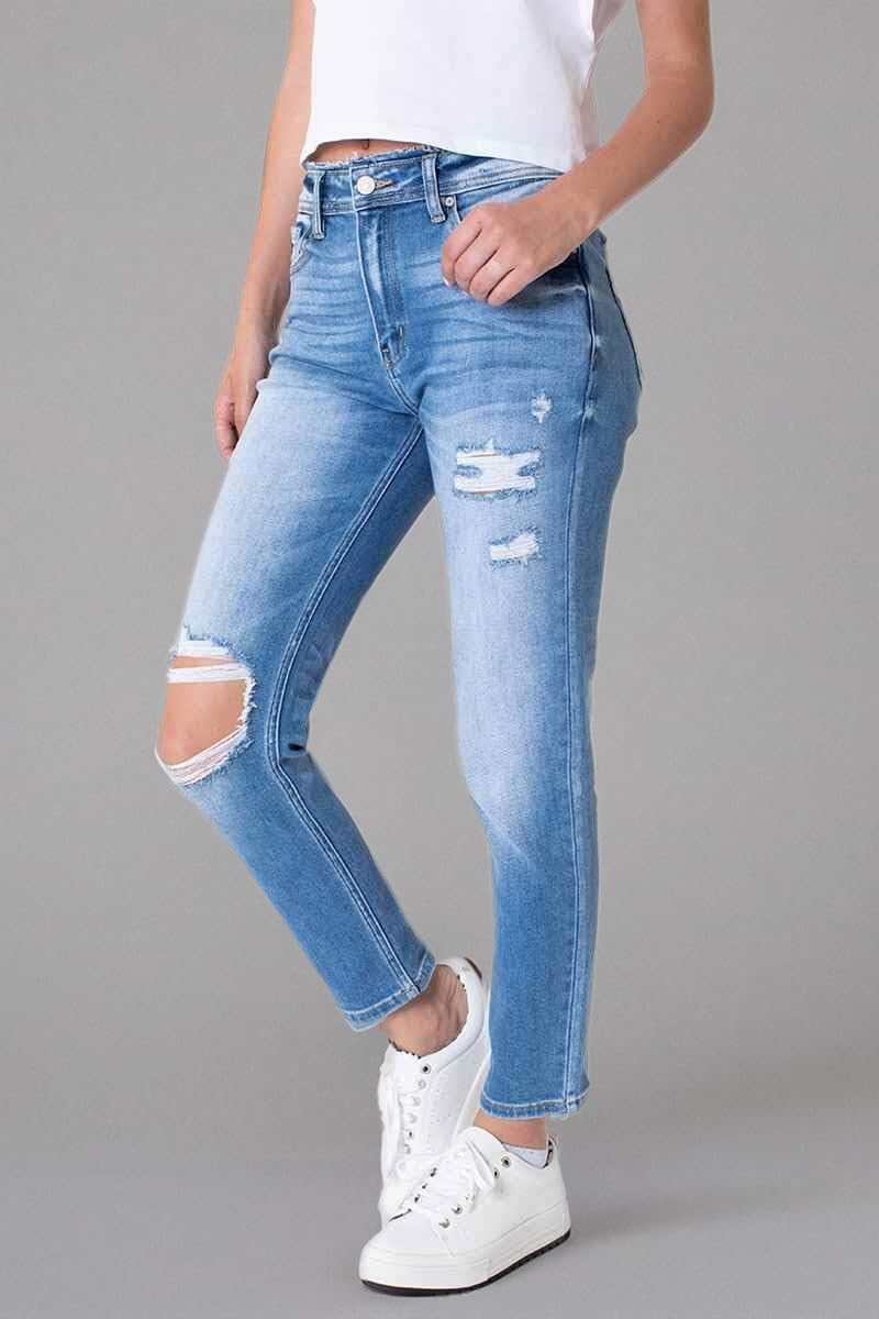 Kancan Women's High Rise Distressed Mom Jeans - KC9198L | Vintage Stretch Denim Pants for Casual Wear, Date Night & Everyday Outfits