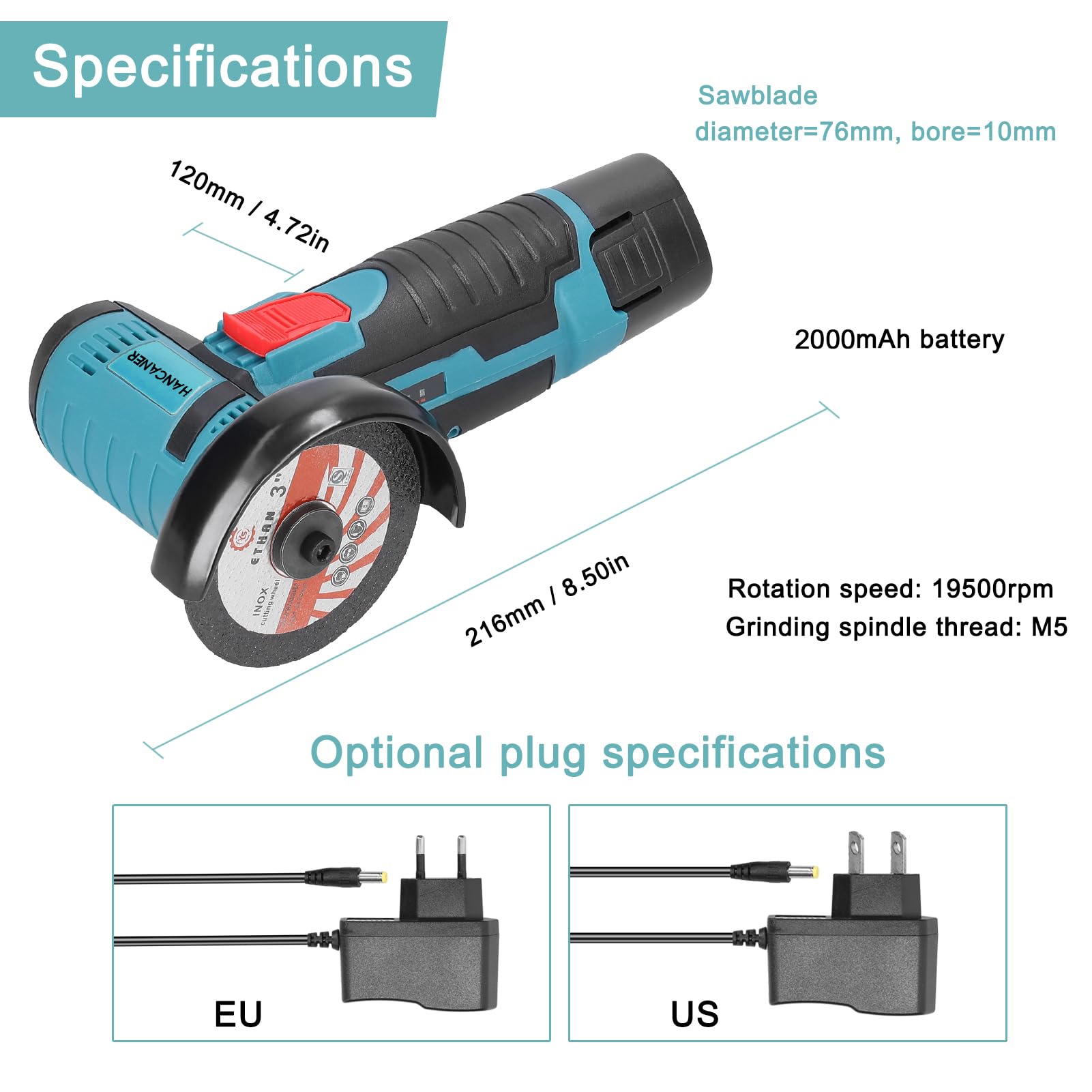 Hancaner 12V Cordless Angle Grinder with 2PCS 2000mAh Battery | 19500 RPM Mini Electric Grinder for Cutting, Polishing & Grinding | Perfect for Tile, Wood, Stone & Metal Work | DIY Projects & Professional Use