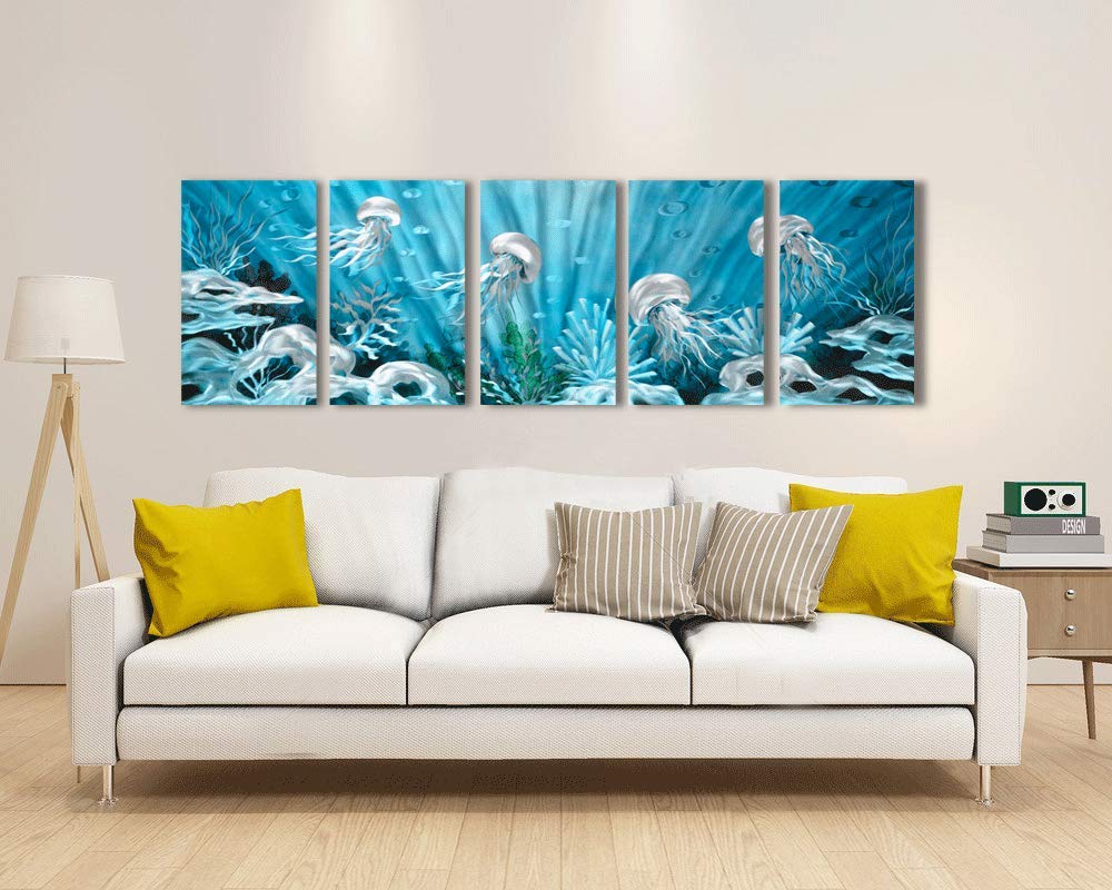 Yihui Arts Blue Deep Sea Metal Wall Art - Large 3D Jellyfish Ocean Design Metal Wall Decor for Living Room, Bedroom, Office (5-Panel Modern Contemporary Wall Sculpture)
