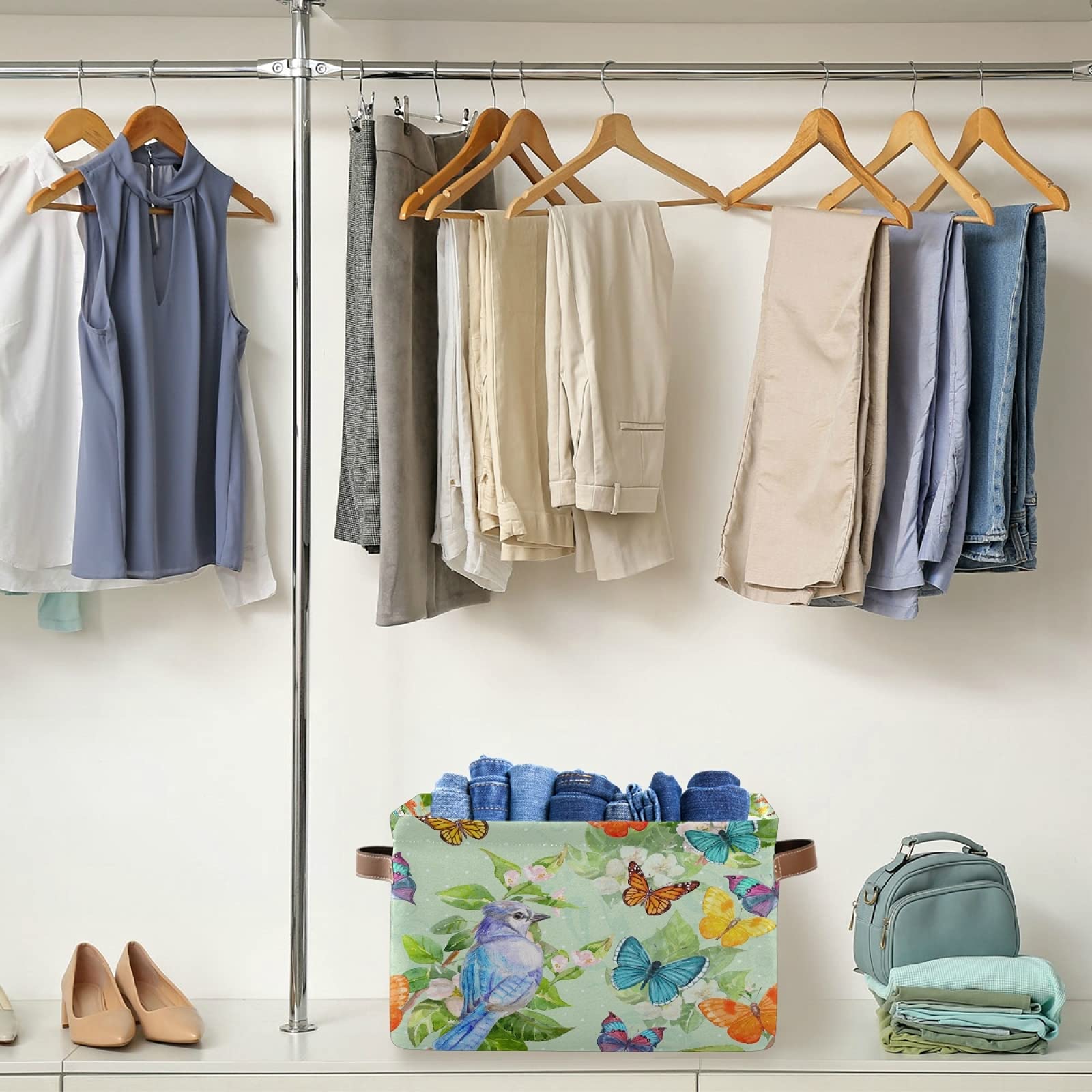 Collapsible Storage Basket with PU Handles - Waterproof Nursery & Laundry Organizer (2 Pack) | Butterfly & Bird Design in Turquoise | Perfect for Baby Rooms, Bathrooms & Closet Organization
