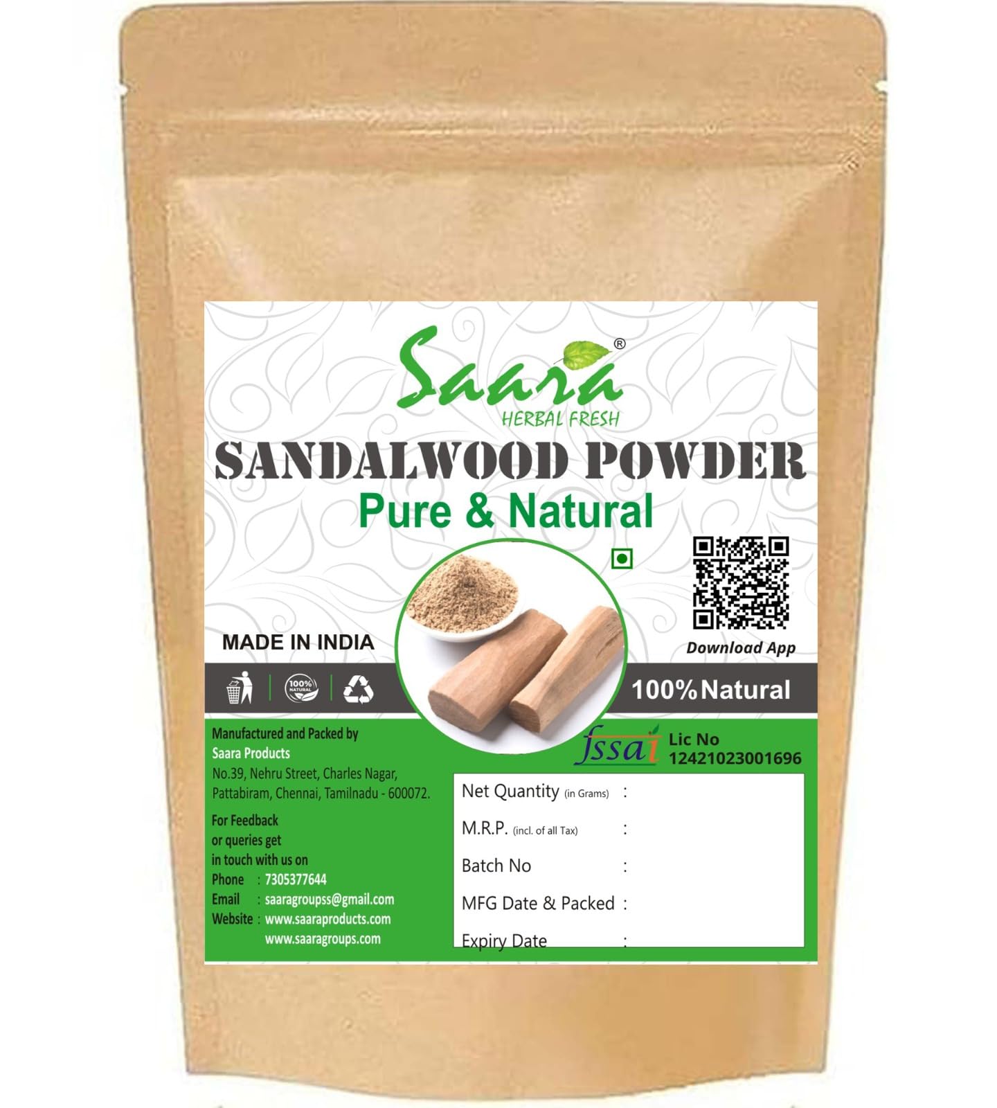 Saara HERBAL FRESH Sandalwood Powder (100g) – Pure Chandan, Santalum Album Powder for Face Mask & Skin Care – Natural Glow & Acne Treatment – Brown Zipper Packaging – Ideal for DIY Beauty & Ayurvedic Remedies