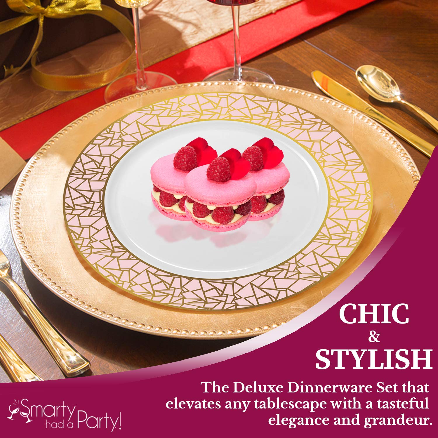 Elegant Disposable Plastic Dessert Plates 120 Pcs - 7.5 Inch Heavy Duty Salad Plates - White with Pink & Gold Mosaic Rim Appetizer Plates for Wedding, Birthday Party, Catering & Events - Perfect for Desserts, Salads, Appetizers & Party Serving