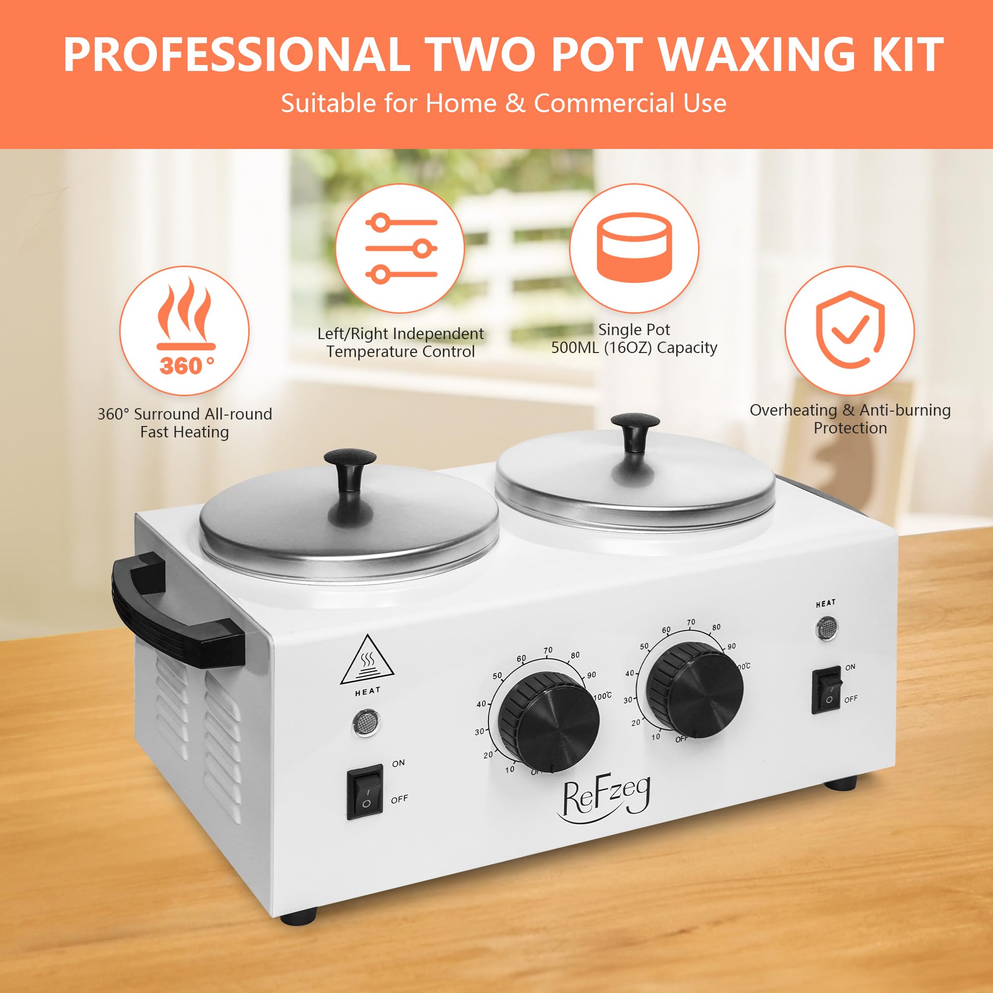 Professional Wax Warmer Double Pot Waxing Kit - Adjustable Temperature Hair Removal Heater Machine with 50 Wax Sticks & 20 Protective Collars for Salon, Spa & Home Use - Painless Hair Removal for Legs, Arms, Bikini & Face