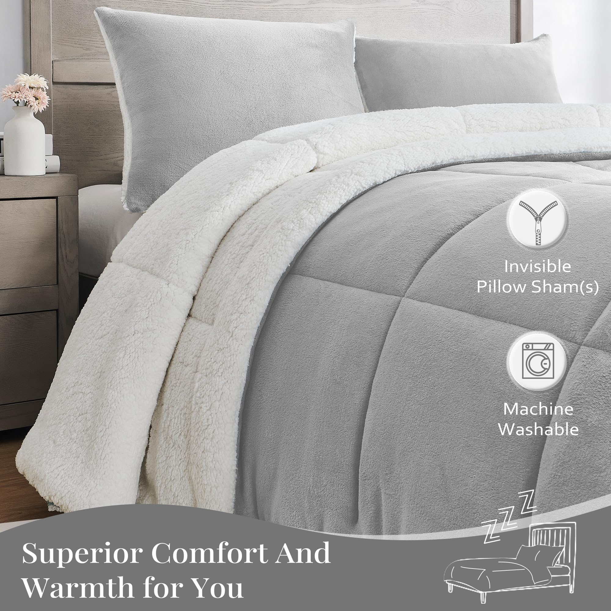 Luxury Fleece Sherpa Queen Comforter Set - Ultra Soft & Warm Winter Bedding for Queen Size Beds (88