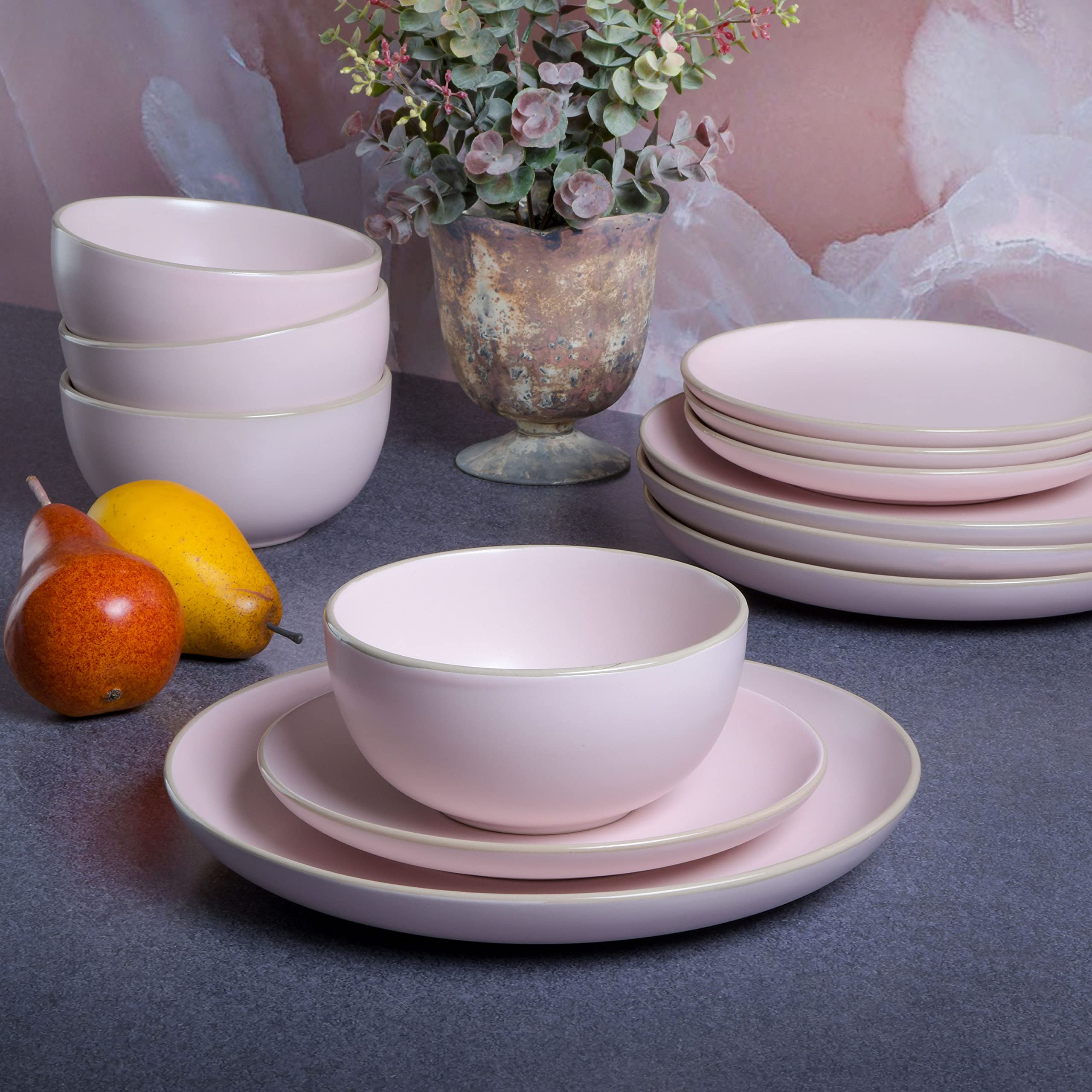 Premium Gibson Home Rockaway Round Stoneware Dinnerware Set - 12-Piece Service for 4, Elegant Pink | Microwave & Dishwasher Safe | Perfect for Family Dinners, Dinner Parties & Everyday Use