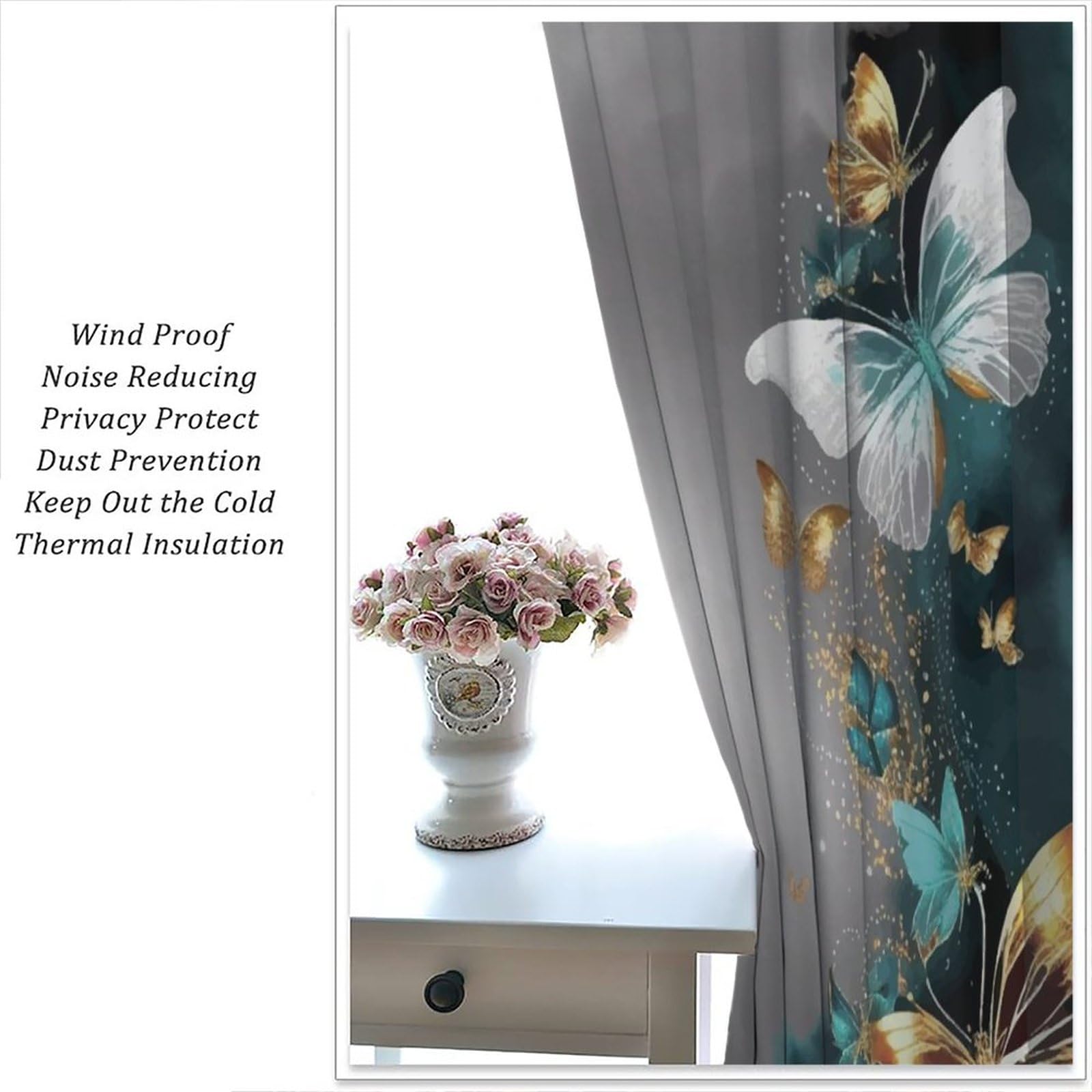 Golden Butterfly Blackout Curtains 42x45 Inch - Elegant Flying Butterfly Design for Bedroom & Living Room Window Treatments | Romantic Style, Light Blocking, Thermal Insulation | Perfect for Nursery, Dorm, or Home Decor