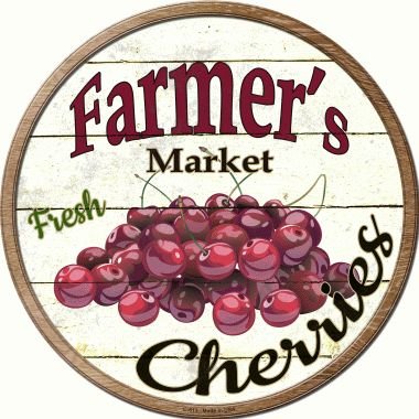 Vintage Farmers Market Cherries Metal Circular Sign - Rustic Wall Decor for Kitchen, Cafe, or Farmhouse - Perfect for Home, Restaurant, and Country Style Decorating