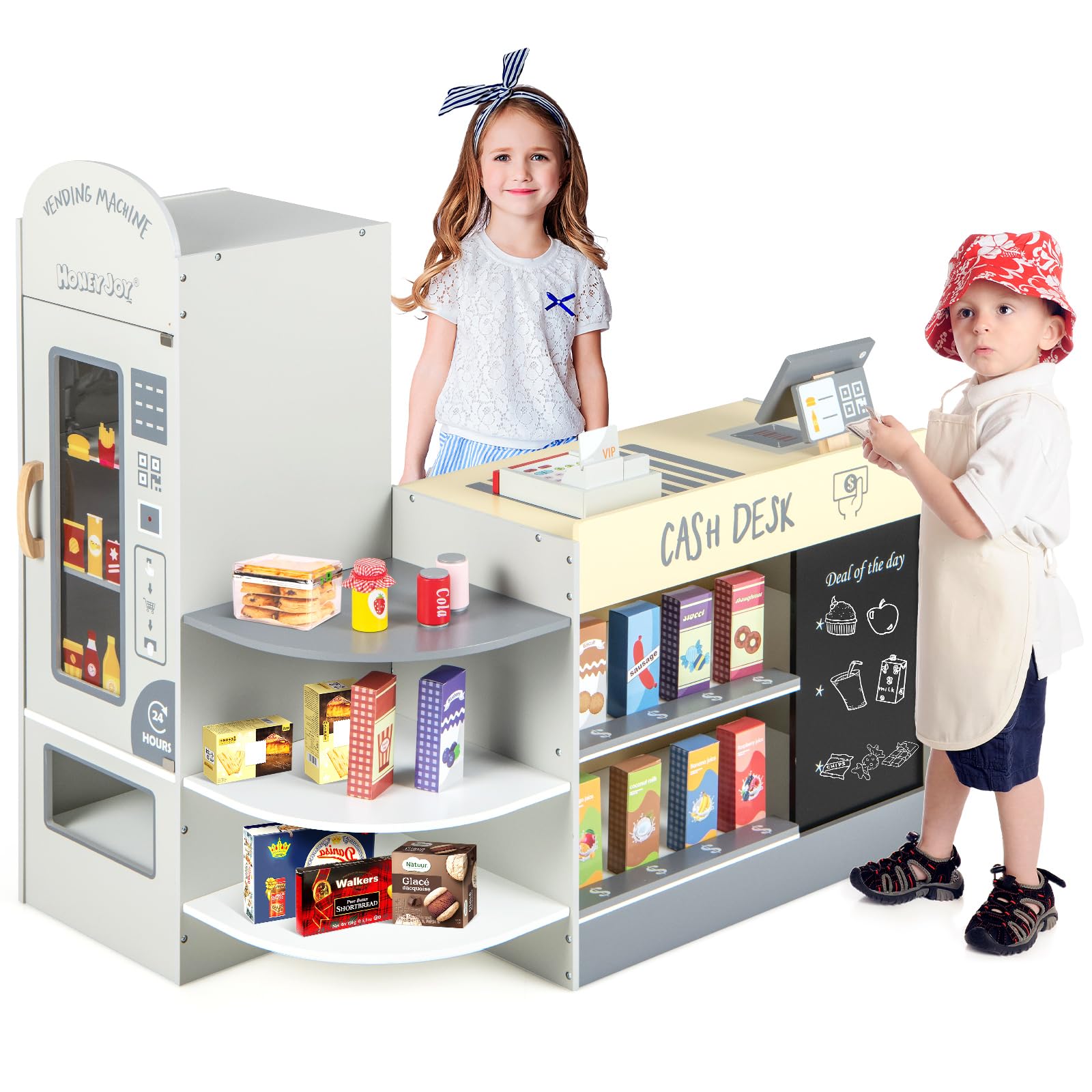 HONEY JOY Kids Grocery Store Playset - Wooden Supermarket Toy with Cash Register, Vending Machine & Checkout Counter - Pretend Play Set for Toddlers Boys & Girls (Gray) - Perfect for Role Play, Early Learning & Social Skills Development