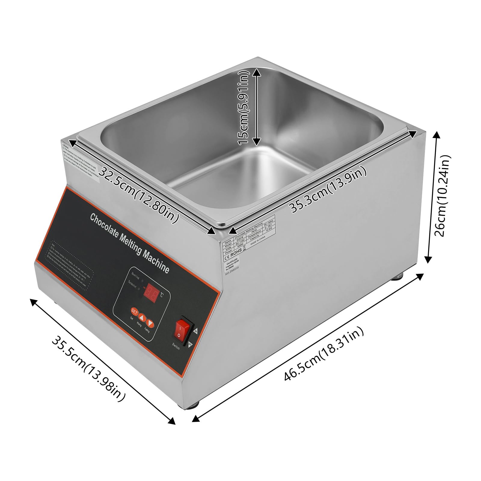 Commercial Chocolate Tempering Machine 32-203°F - 26.46 lbs Stainless Steel Chocolate Melting Pot with Lid - Air-Heating Chocolate Fondue Warmer for Restaurants, Bakeries, Home Use & Parties - Perfect for Candy Making, Dessert Preparation & Chocolate Dipping