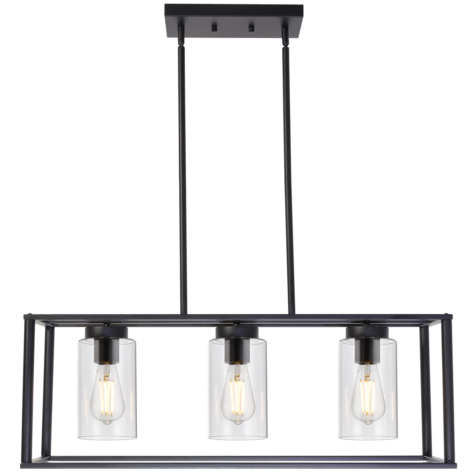 VINLUZ 3-Light Black Modern Chandelier - Contemporary Linear Pendant Lighting for Dining Room, Kitchen Island & Farmhouse Decor - Glass Shade Ceiling Fixture (Perfect for Open Concept Spaces & Statement Lighting)
