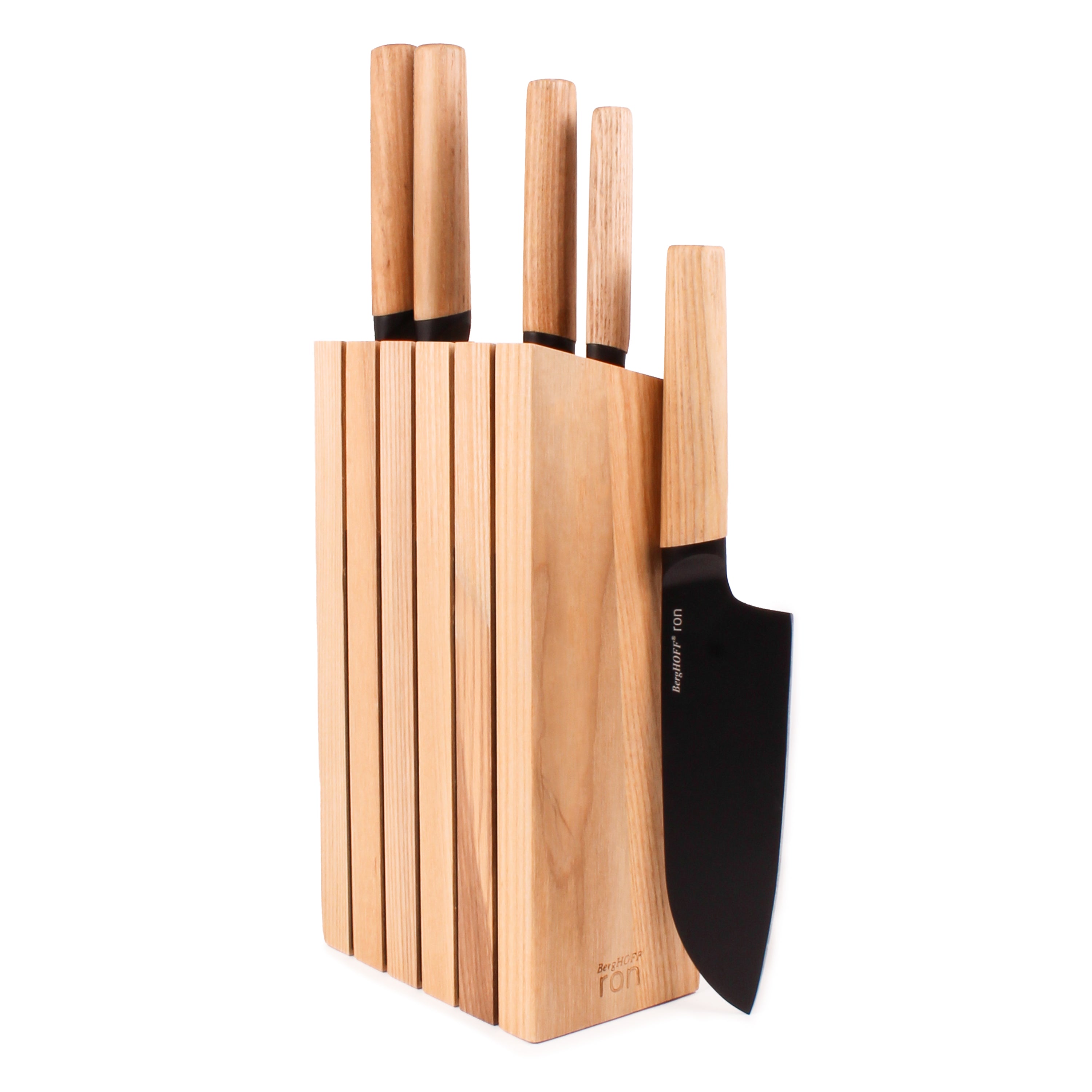 BergHOFF Ron 6-Piece Stainless Steel Knife Block Set with Natural Wood Stand - Perfect for Home Kitchen, Cooking, and Food Preparation