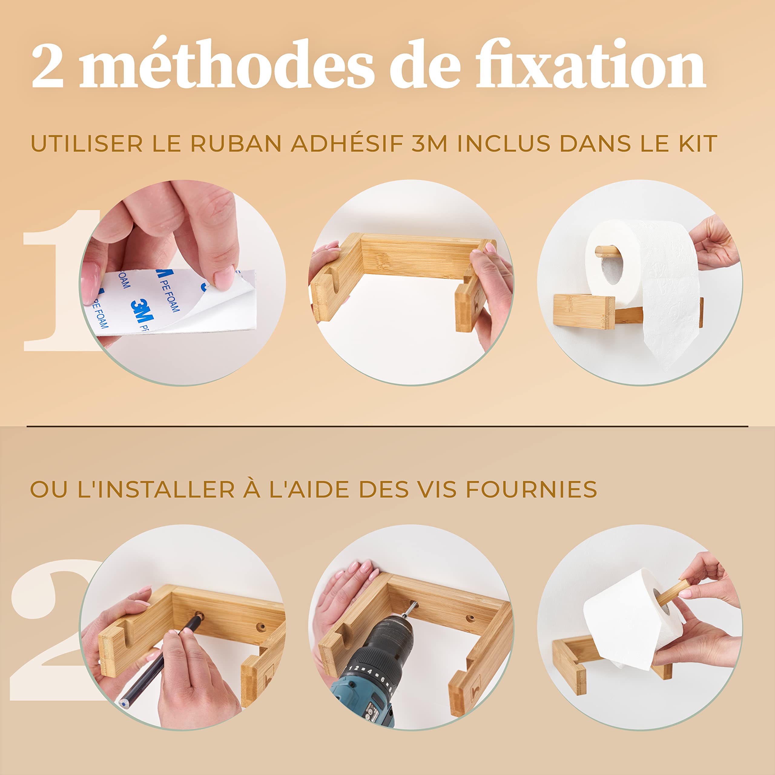 HENNEZ Bamboo Toilet Paper Holder Wall Mount - Adhesive Bathroom Tissue Roll Holder - Wooden Bathroom Storage Organizer - Perfect for Small Bathrooms, RVs, and Vanity Spaces