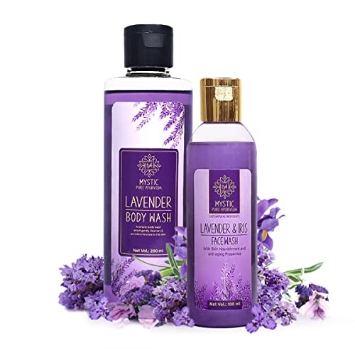 Mystic Pure Ayurveda Lavender Body Wash & Face Wash Combo Pack - Natural Skin Nourishment & Hydration with Iris, Aloe Vera, Tea Tree Oil - SLS & Paraben Free - Perfect for Daily Skincare & Relaxing Bath Time