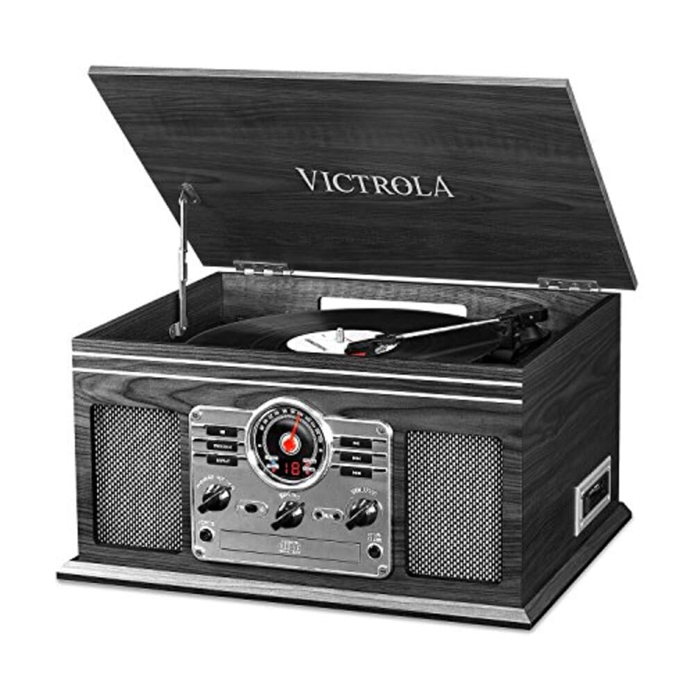Victrola Nostalgic 6-in-1 Bluetooth Record Player & Multimedia Center with Built-in Speakers - 3-Speed Turntable, CD & Cassette Player, AM/FM Radio | Wireless Music Streaming | Vintage Grey Wood Finish | Perfect for Home, Office & Retro Music Lovers