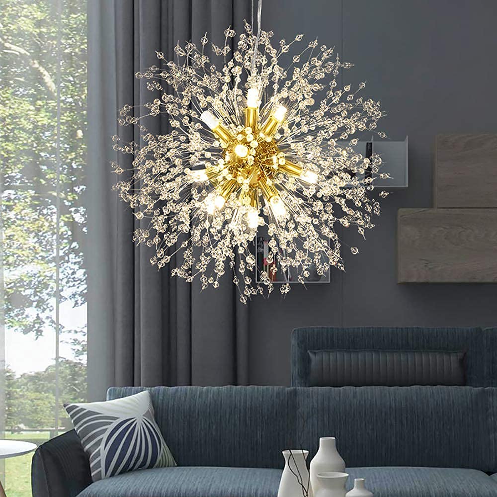 Vikaey Modern Dandelion Firework Chandelier - 12-Light Gold Crystal Pendant Lighting for Dining Room, Living Room, Bedroom, Entryway & Bathroom | Elegant Ceiling Fixture for Home Decor, Wedding & Luxury Interior Design