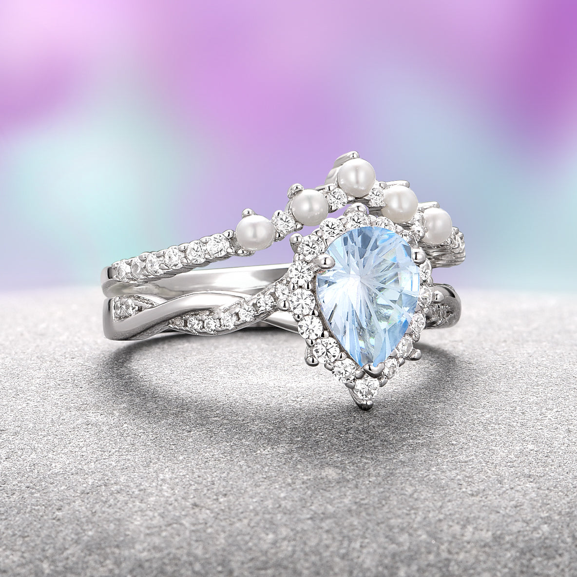 Briar Aquamarine and Pearl Ring Set - Sterling Silver Jewelry for Women, Elegant Birthstone Gift for Her, Perfect for Weddings, Anniversaries, and Special Occasions