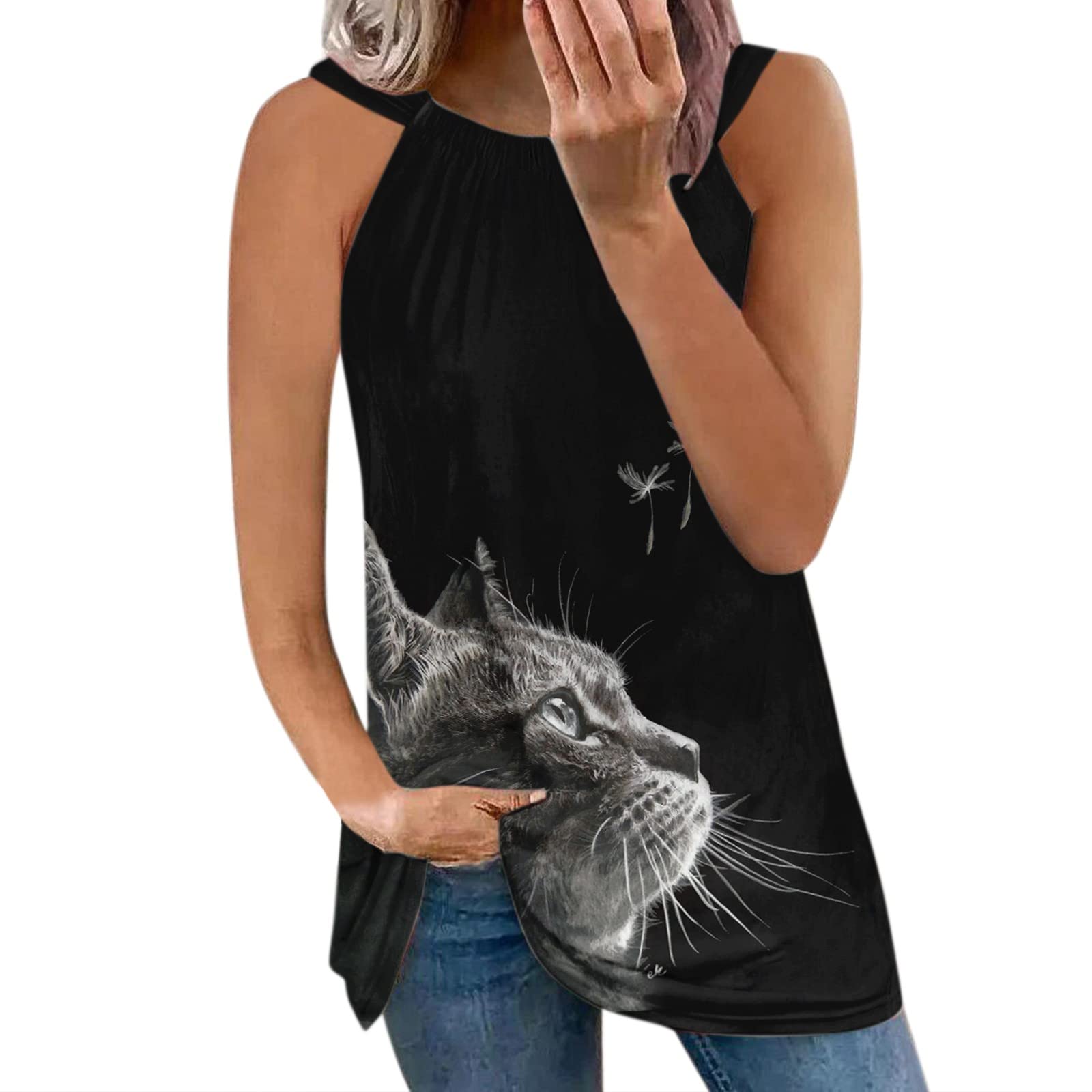 Sexy Women's Casual Cat Print Sleeveless Tank Top - Round Neck Strap Camisole for Summer, Beach & Daily Wear