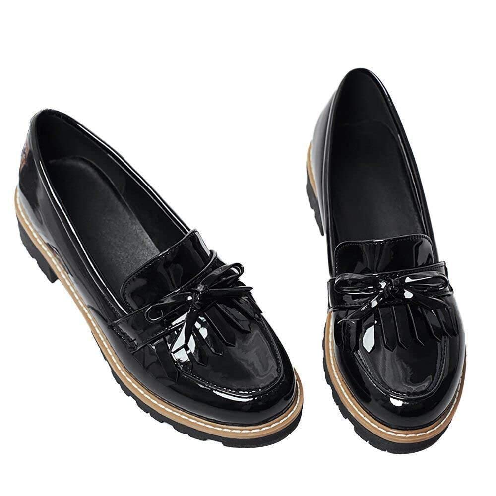 Women's Black Patent Leather Tassel Penny Loafers - Slip On Low Heel Pumps Shoes for Work, Office & Casual Outfits | Comfortable & Stylish Footwear