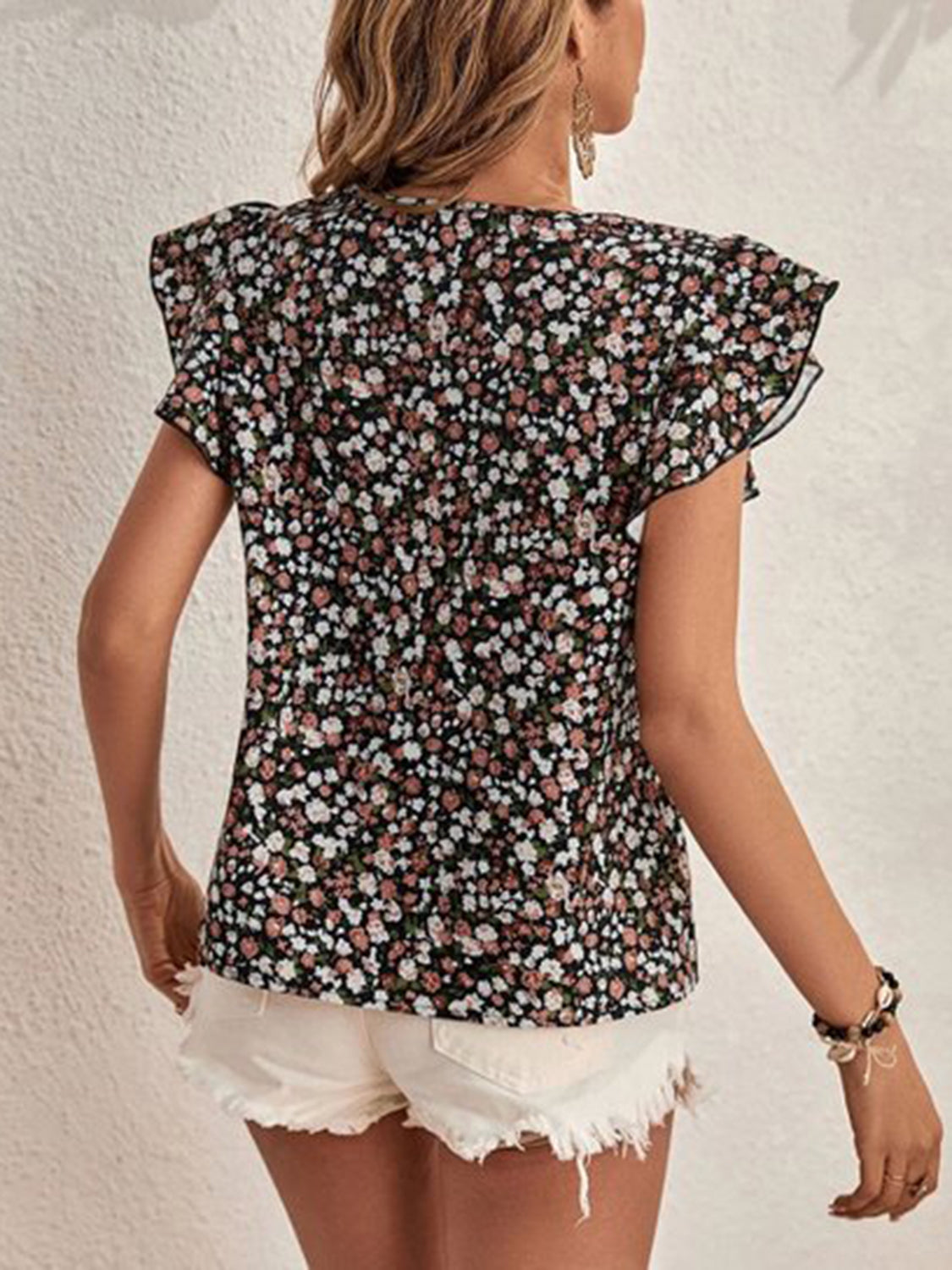 Women's Ditsy Floral Print Round Neck Cap Sleeve Blouse - Casual Summer Tops for Beach, Vacation & Everyday Wear