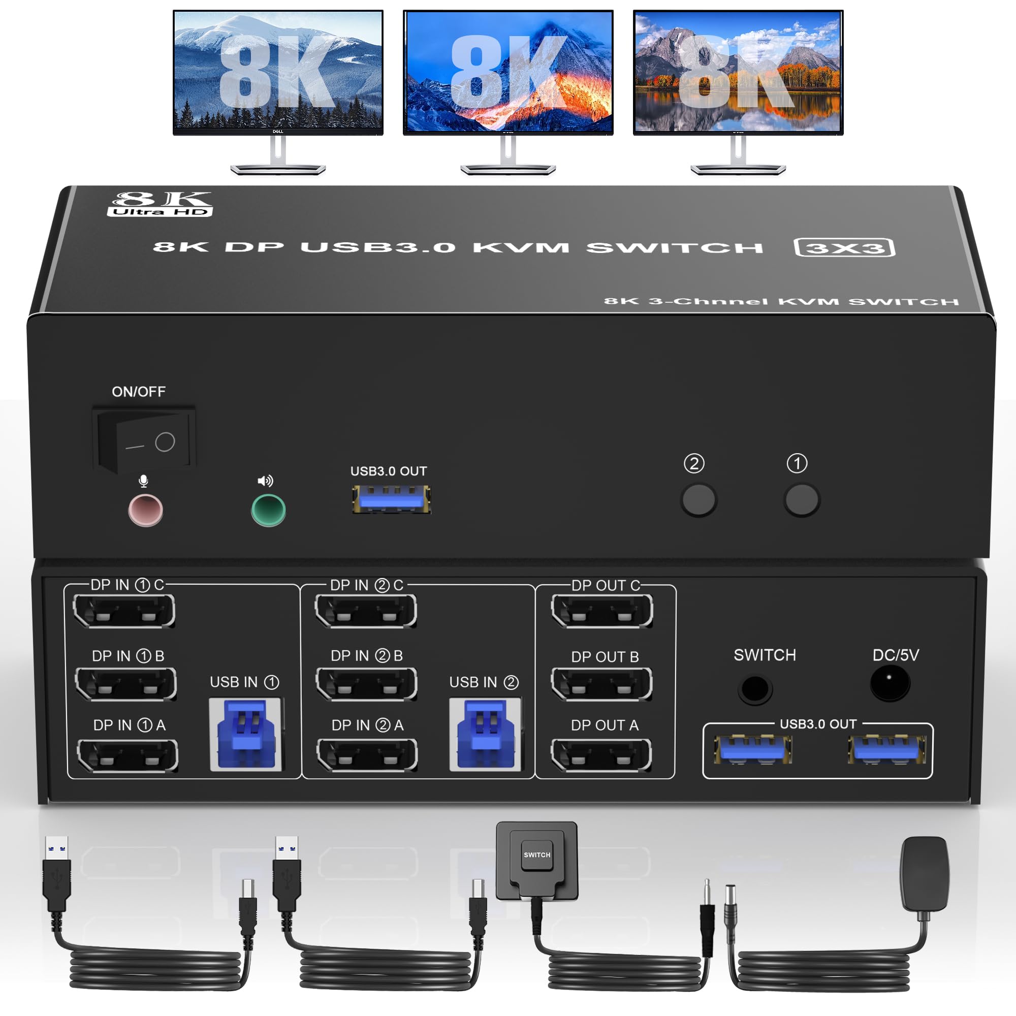 Clickfish 8K DisplayPort KVM Switch with USB 3.0 | Triple Monitor Support for 2 Computers | Manual Push Button Operation | Black | Perfect for Home Office, Gaming Setup & Multi-Device Workstations