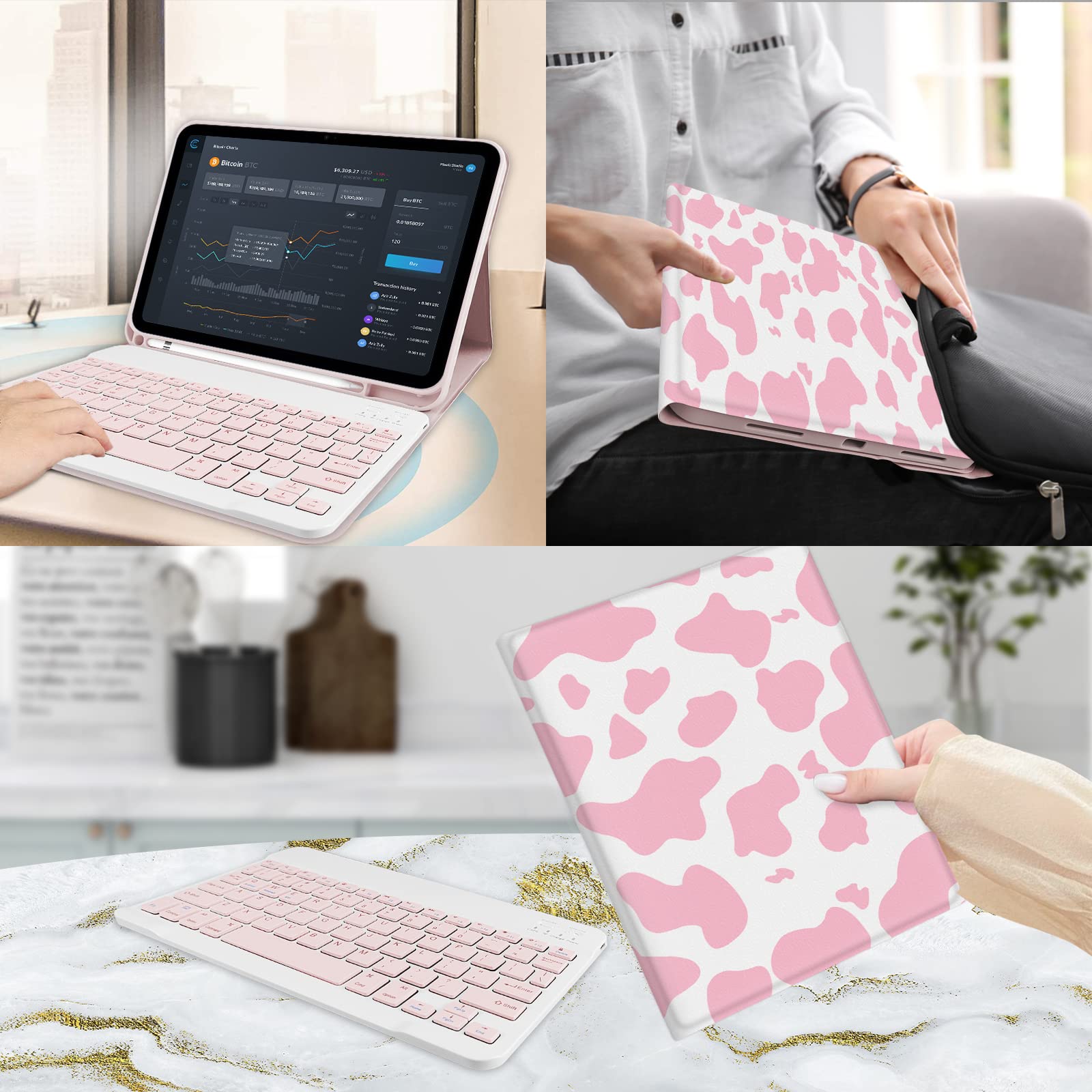 Premium Magnetic Detachable Keyboard Case for iPad 11th Gen (A16) 11-inch 2025 & iPad 10th Gen 10.9-inch 2022 - Rechargeable Backlit, Pencil Holder, Slim Protective Cover (Pink Cow) - Perfect for Work, Study & Travel