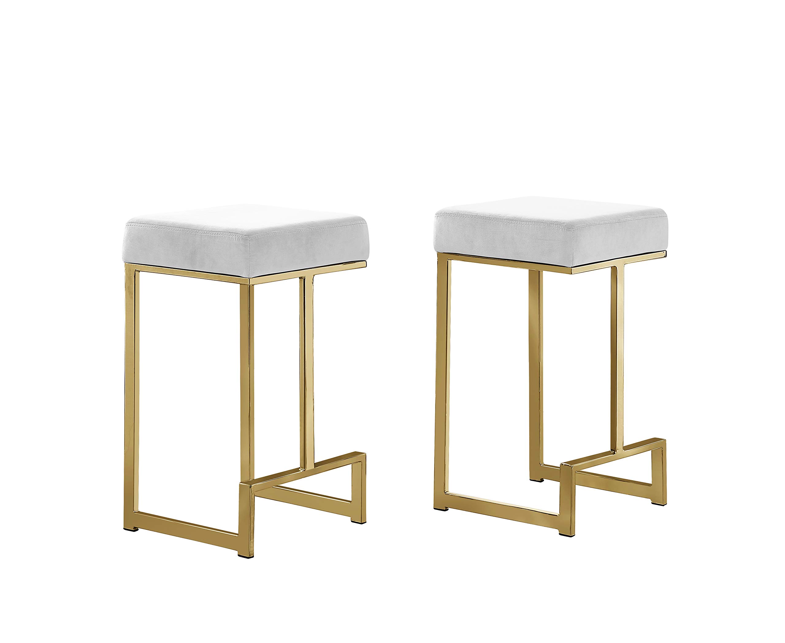 Premium Velvet Backless Bar Stools Set of 2 - Modern Counter Height Stool in White & Gold for Kitchen Island, Breakfast Nook & Home Decor (JL014VW) - Best Master Furniture Dorrington Collection