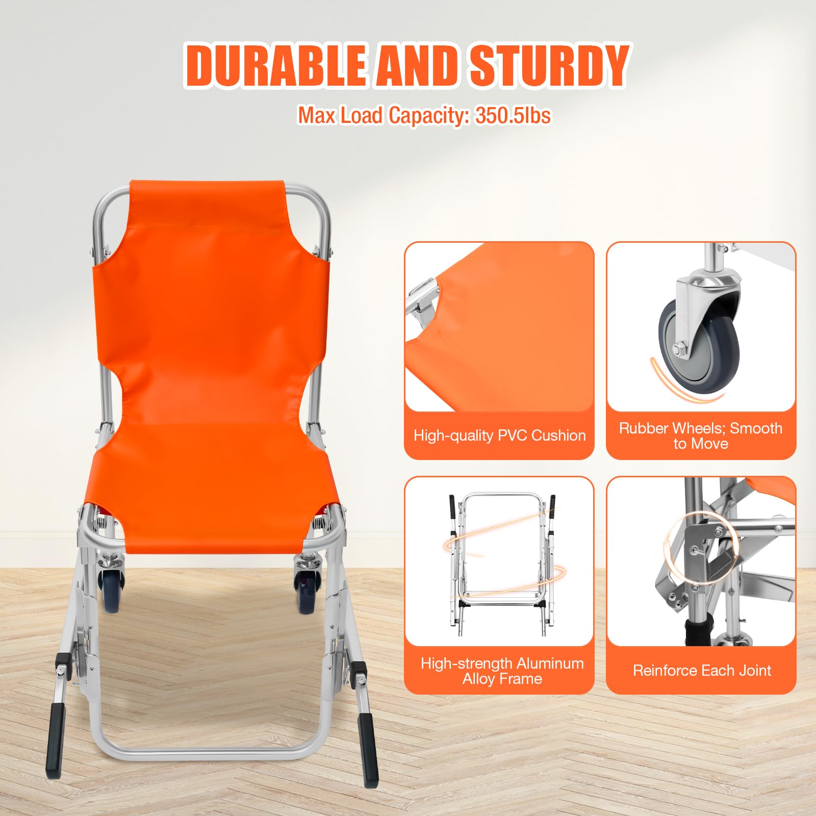 EMS Stair Chair - 350 Lbs Capacity Medical Evacuation & Patient Transfer Chair with 2 Wheels & Adjustable Straps - Foldable Ambulance Transport for Emergency Staircase Rescue & Home Mobility Assistance