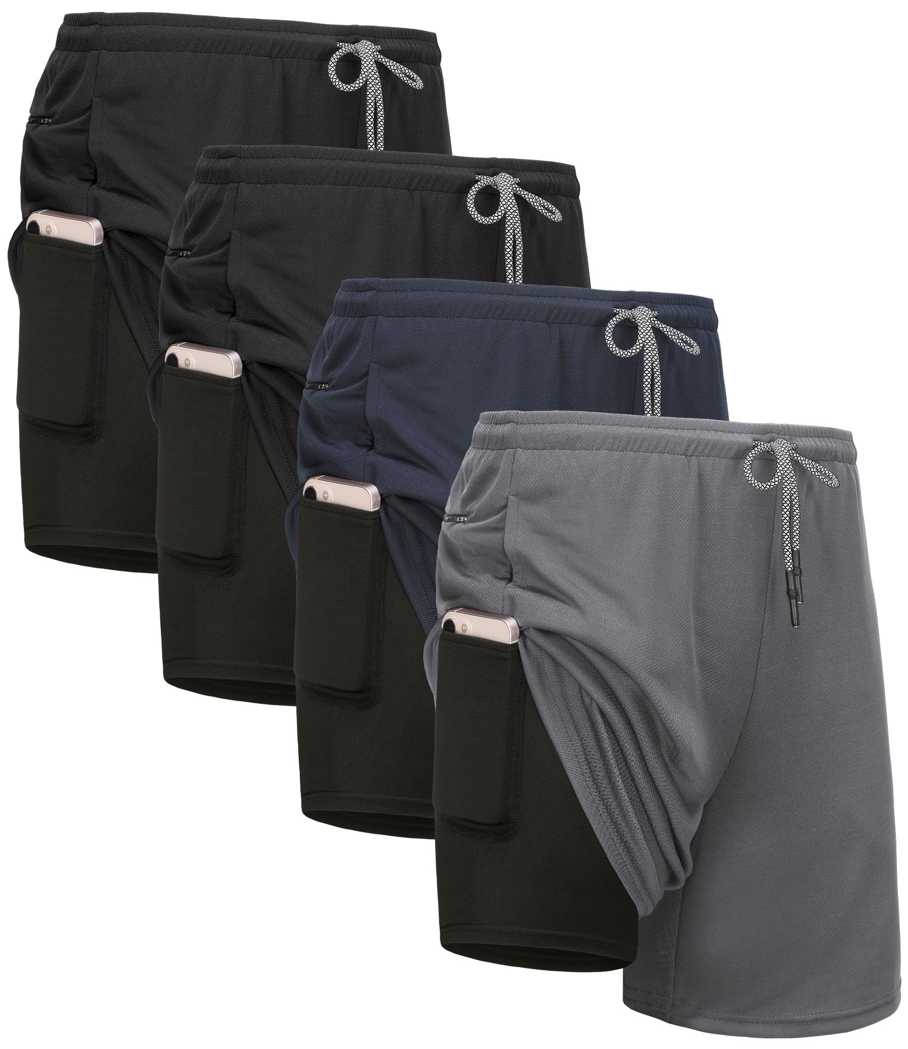 4 Pack Men's 2-in-1 Running Shorts with Built-in Liner - Quick Dry Athletic Gym Shorts with Pockets for Workout, Jogging & Training | Perfect for Running, Gym Sessions and Outdoor Sports Activities