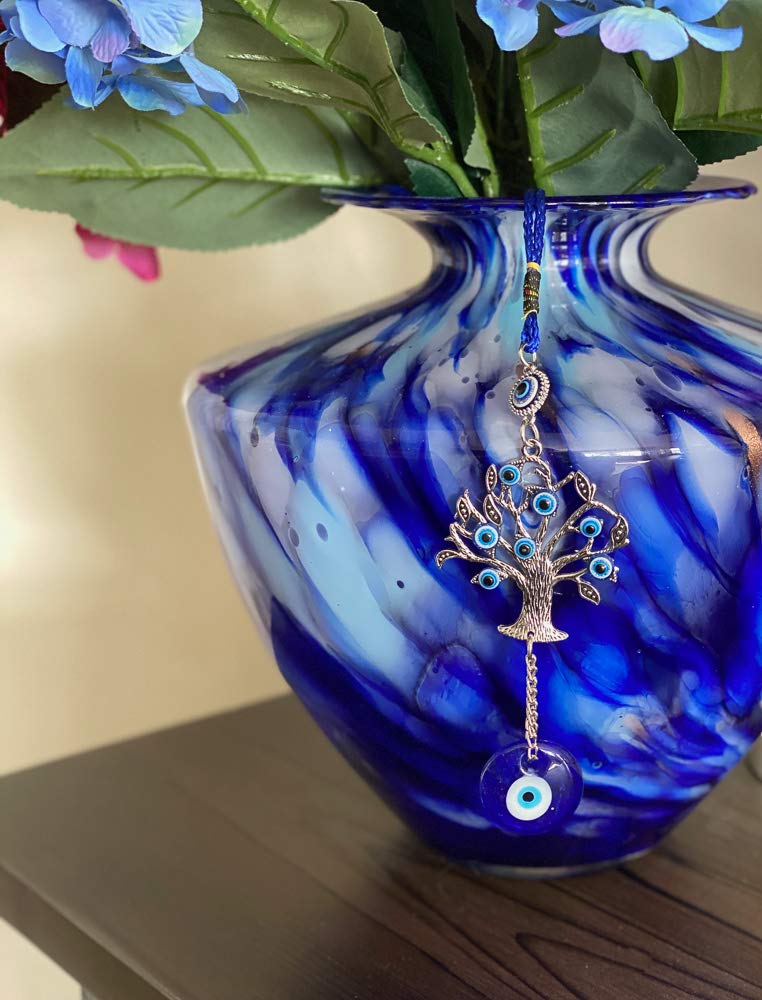 LUCKBOOSTIUM Blue Evil Eye Money Tree & Glass Evil Eye Wall Hanging - Spiritual Home Decor for Good Luck, Car Mirror Charm, Office Feng Shui Decorations (2.5” x 10”) | Bedroom, Living Room, Workspace Protection & Positive Energy