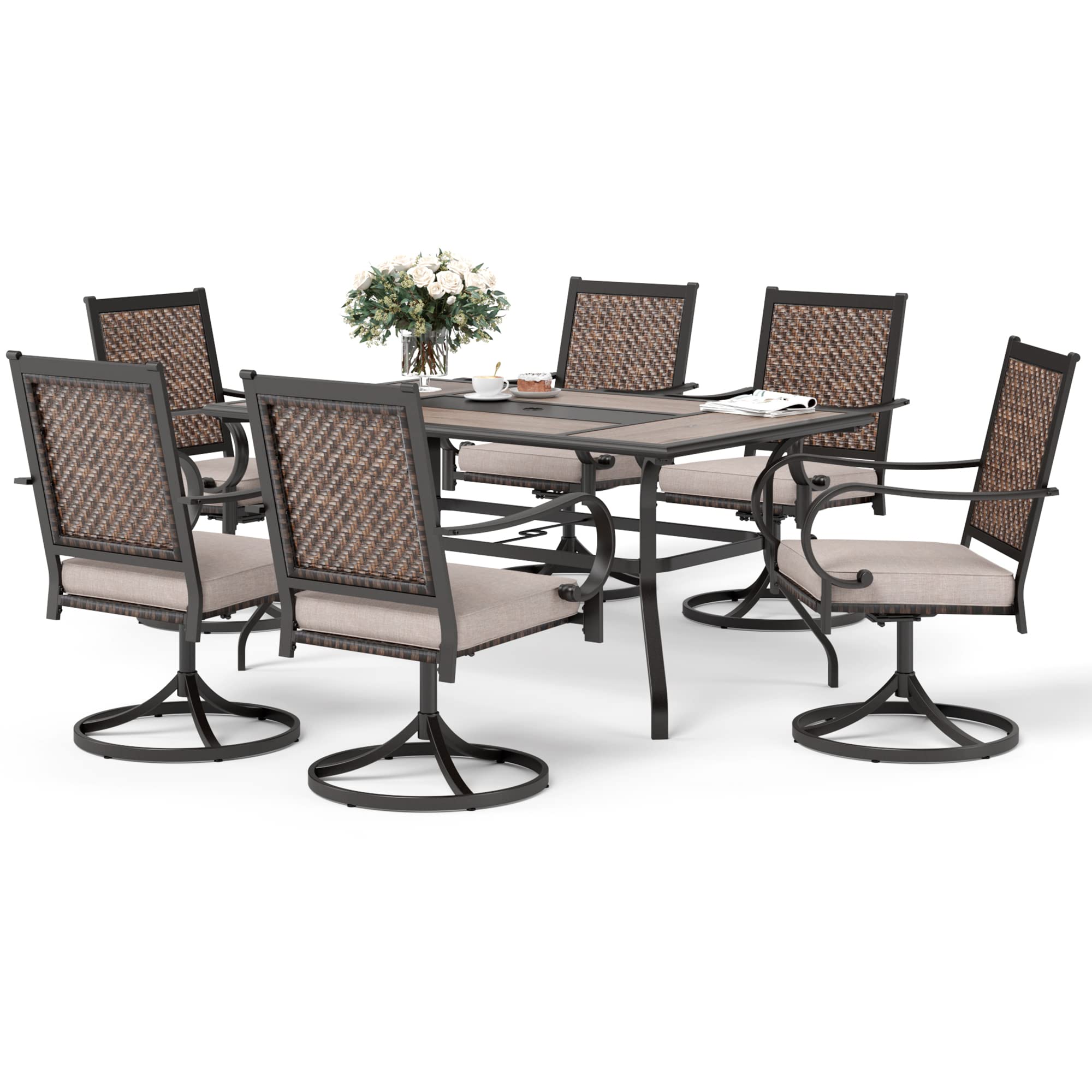 7-Piece Outdoor Dining Set for 6 - Weather-Resistant Wood-Like Metal Table & 6 Swivel Wicker Chairs with 2.8