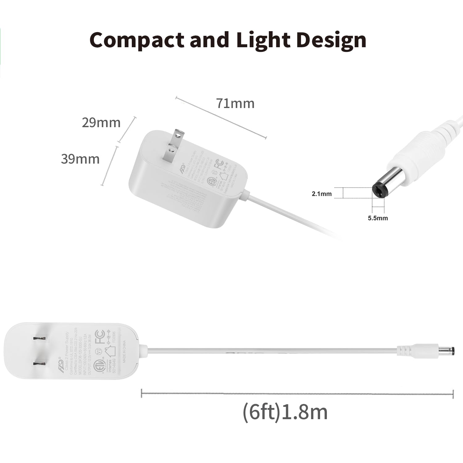 12V 3A Power Supply Adapter - 100-240V AC to DC 12V 36W Transformer with 5.5x2.1mm Connector - for LED Strip Lights, CCTV Cameras, Routers, Security Systems - ETL Certified (6ft Cable) - Perfect for Home Office, Workshop & DIY Electronics Projects