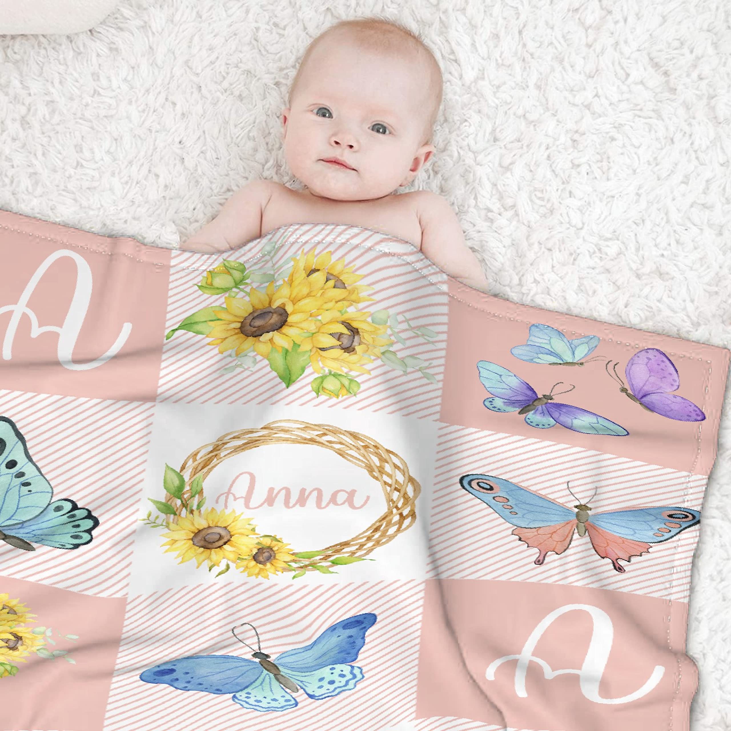 Personalized Baby Blankets for Girls & Boys - Custom Name Baby Blanket Gift | Soft Cozy Fleece Throw Quilt for Newborns & Toddlers | Sunflower Butterfly Design | XL Size for Nursery, Crib & Family Cuddles