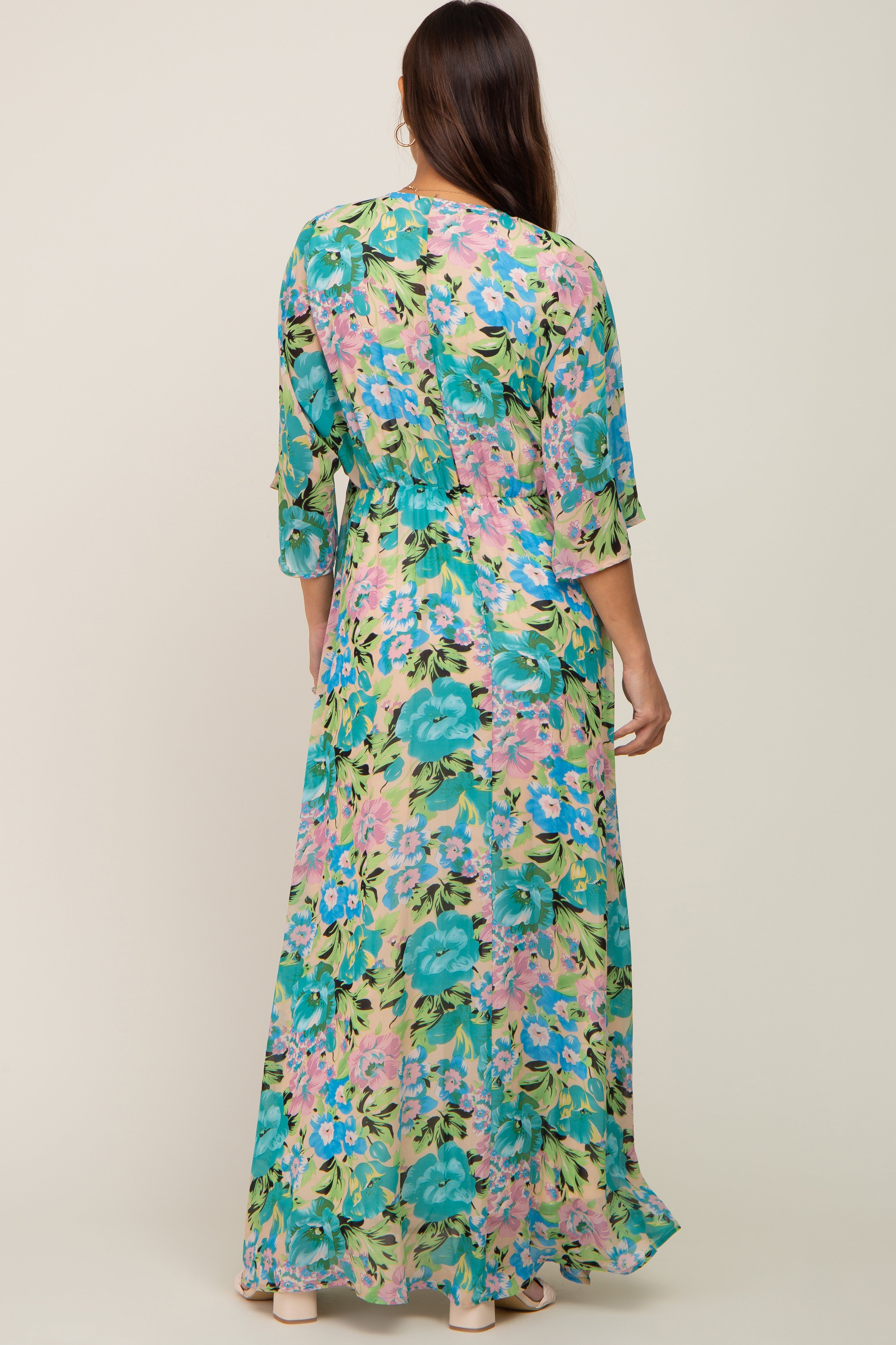 Beige Floral Chiffon Maternity Maxi Dress with Half Sleeves - Elegant Pregnancy Gown for Baby Shower, Wedding & Special Occasions