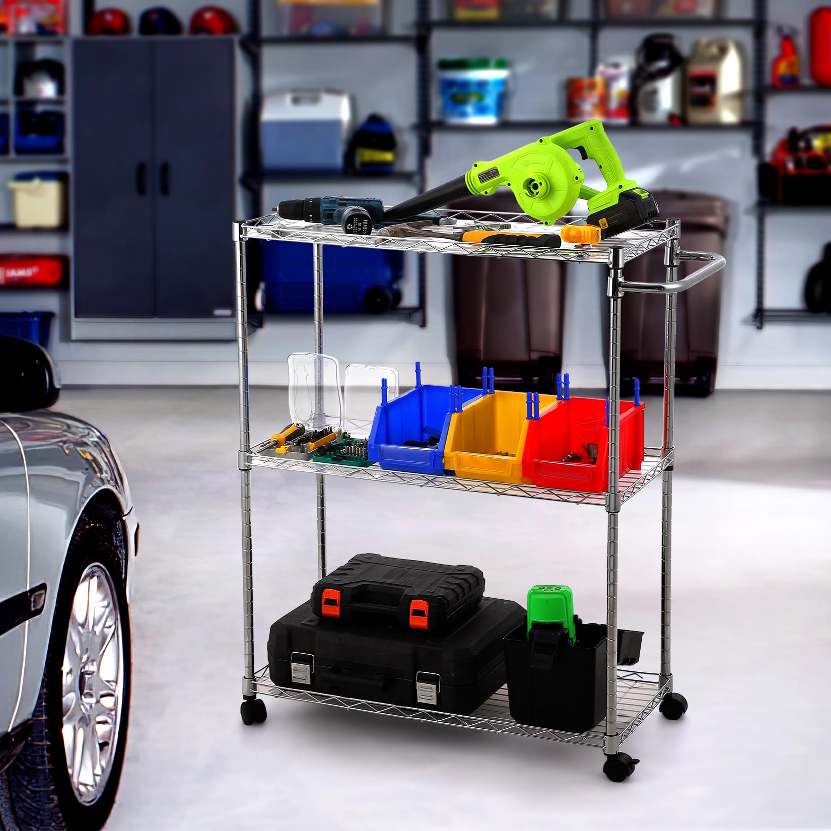 GARVEE 3-Tier Rolling Kitchen Cart with Handle & Shelf Liner - 300LBS Capacity Mobile Utility Cart for Kitchen, Restaurant, Office & Home Storage - Perfect for Organizing Spices, Cookware & Serving Dishes