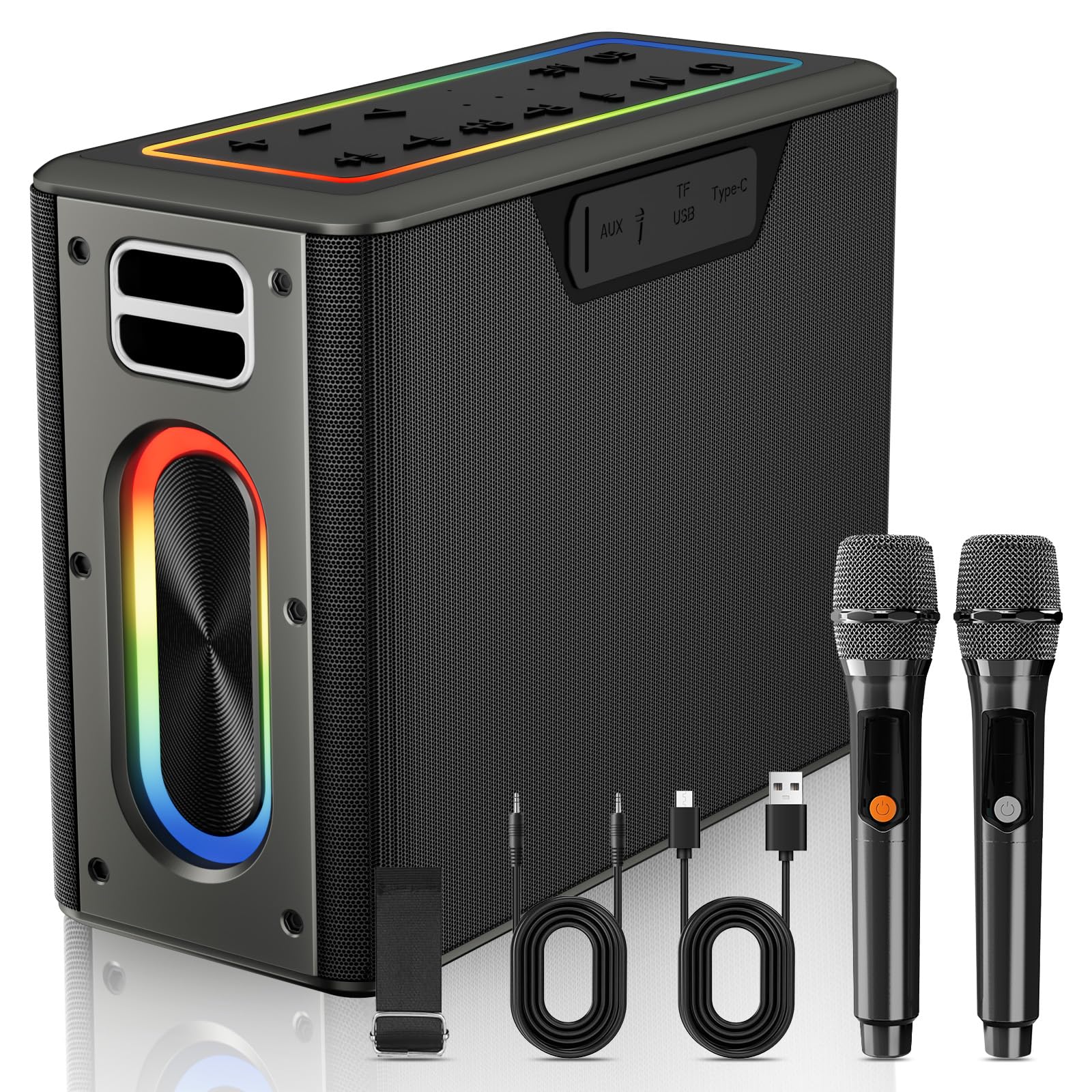 Portable Karaoke Machine with 2 Wireless Microphones - Bluetooth Speaker with LED Lights, 3 Voice Modes, BT/TWS/AUX/USB/TF Support for Home Parties, Outdoor Gatherings & Family Singing Fun