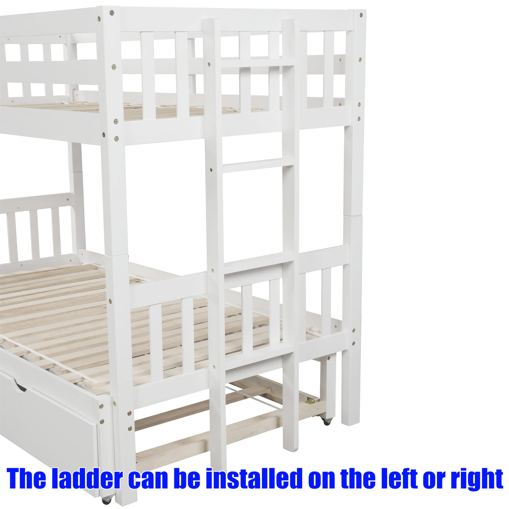 Sturdy Reinforced Wooden Twin Over Twin Bunk Bed with Trundle - Extendable to Twin Over 2 Twin Size - Thickened Solid Wood Construction - Pull-Out Design (White) - Perfect for Kids' Rooms, Guest Rooms & Space-Saving Solutions