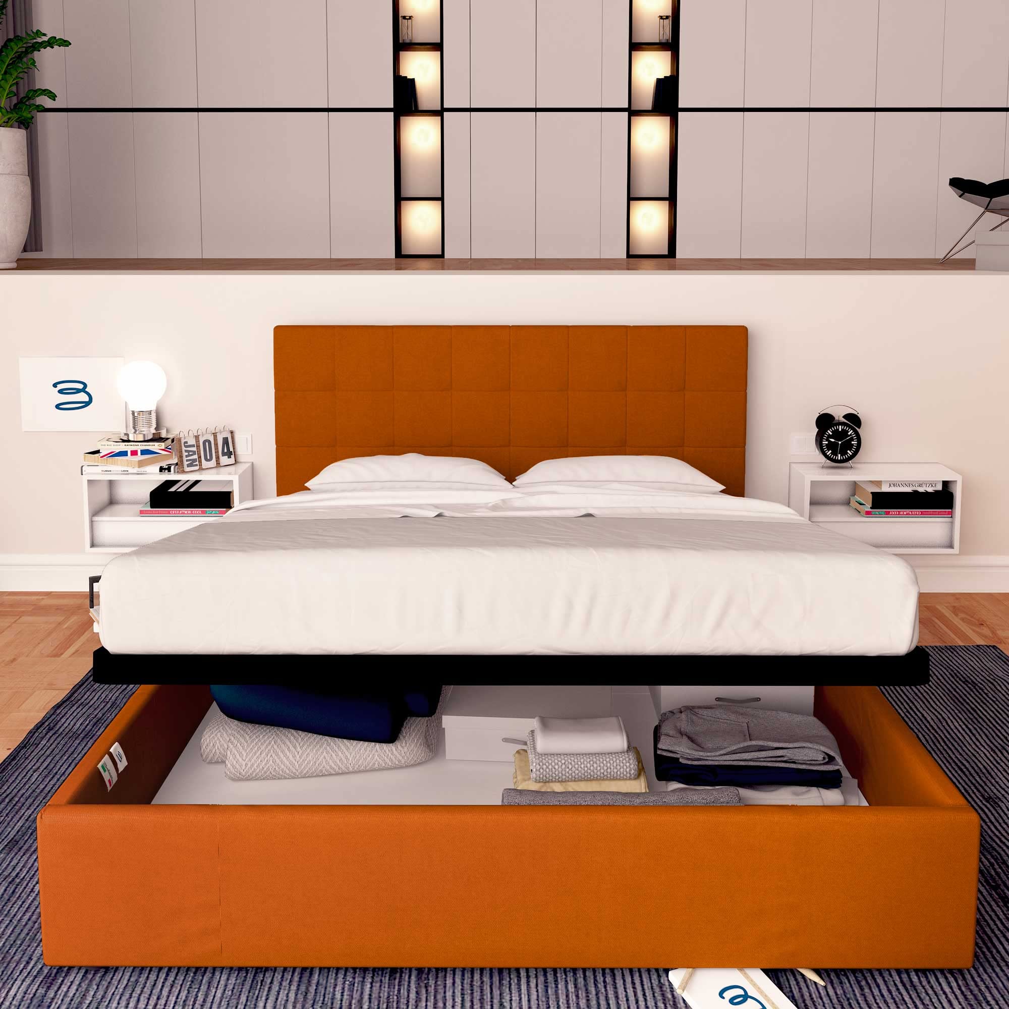 Baldiflex Dublin Fabric Double Bed Frame with Storage, Slatted Base for Single Mattresses, 160 x 190 cm, Elegant Orange Headboard - Perfect for Small Bedrooms & Guest Rooms