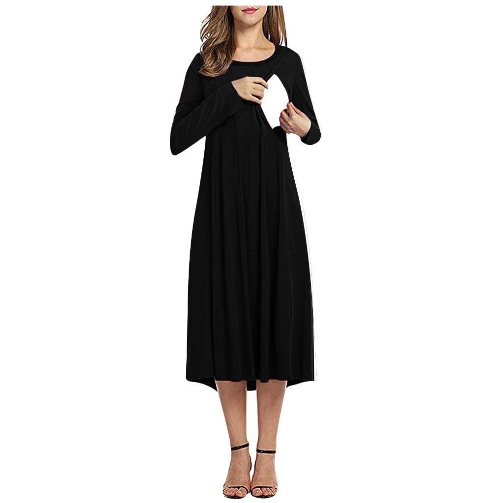 MOMKER Women's Maternity Nursing Dress - Long Sleeve Breastfeeding Zipper Dress with 3-in-1 Function, Solid Black, Size XL - Perfect for Pregnancy, Nursing & Everyday Wear