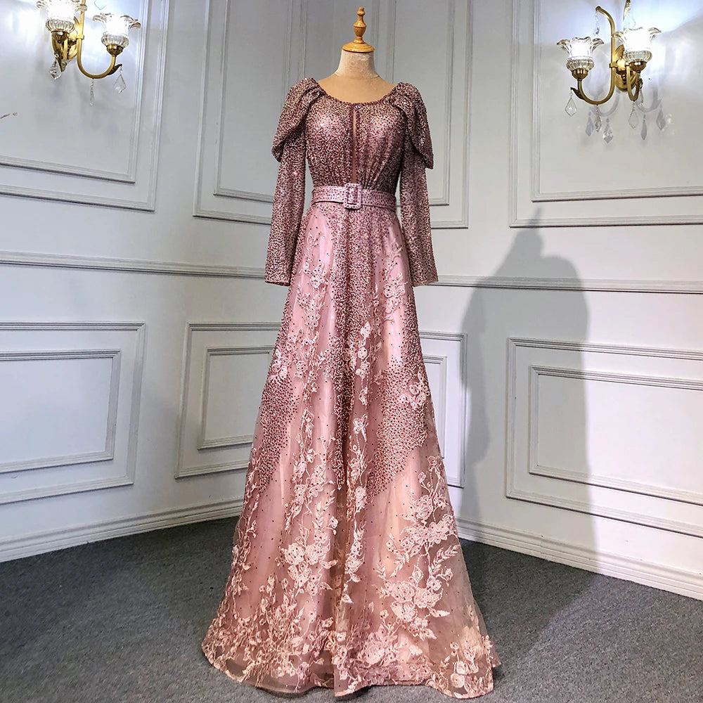 Luxury Dubai Blue Muslim Lace Beaded Evening Gowns for Women - Elegant A-Line Long Sleeve Wedding Party Dresses 2025 | Perfect for Formal Events, Bridal Showers & Special Occasions