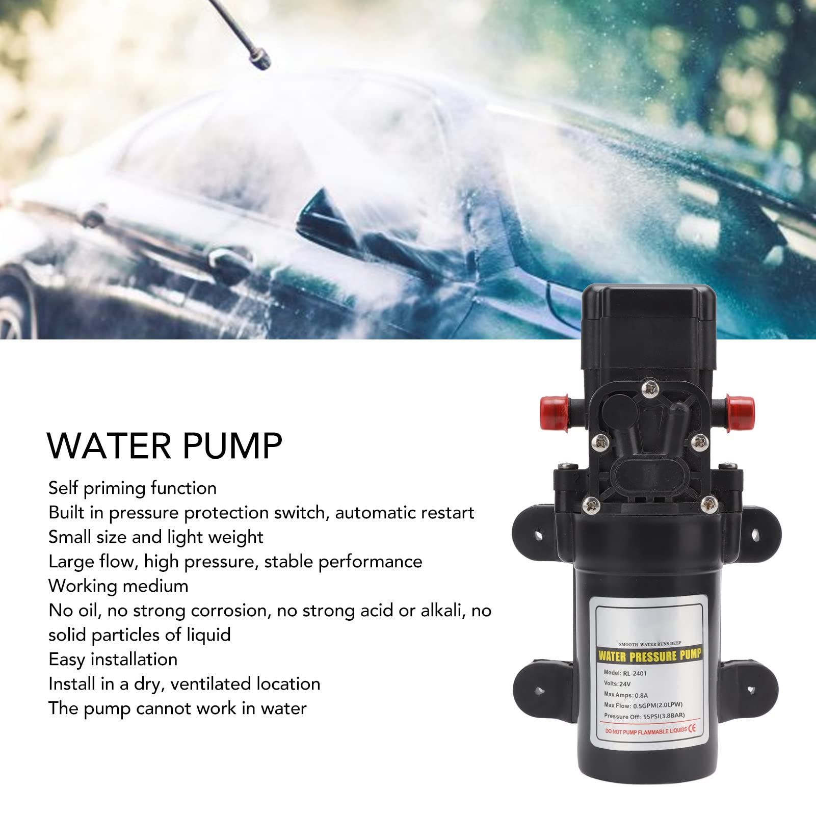 12V 24V DC Diaphragm Water Pump - High Pressure Self-Priming Water Pump for Car Wash, RV, Marine, Irrigation & Automotive Supplies (RL-2401 24V) | Perfect for Off-Grid Camping, Boat Water Systems & Mobile Cleaning Solutions