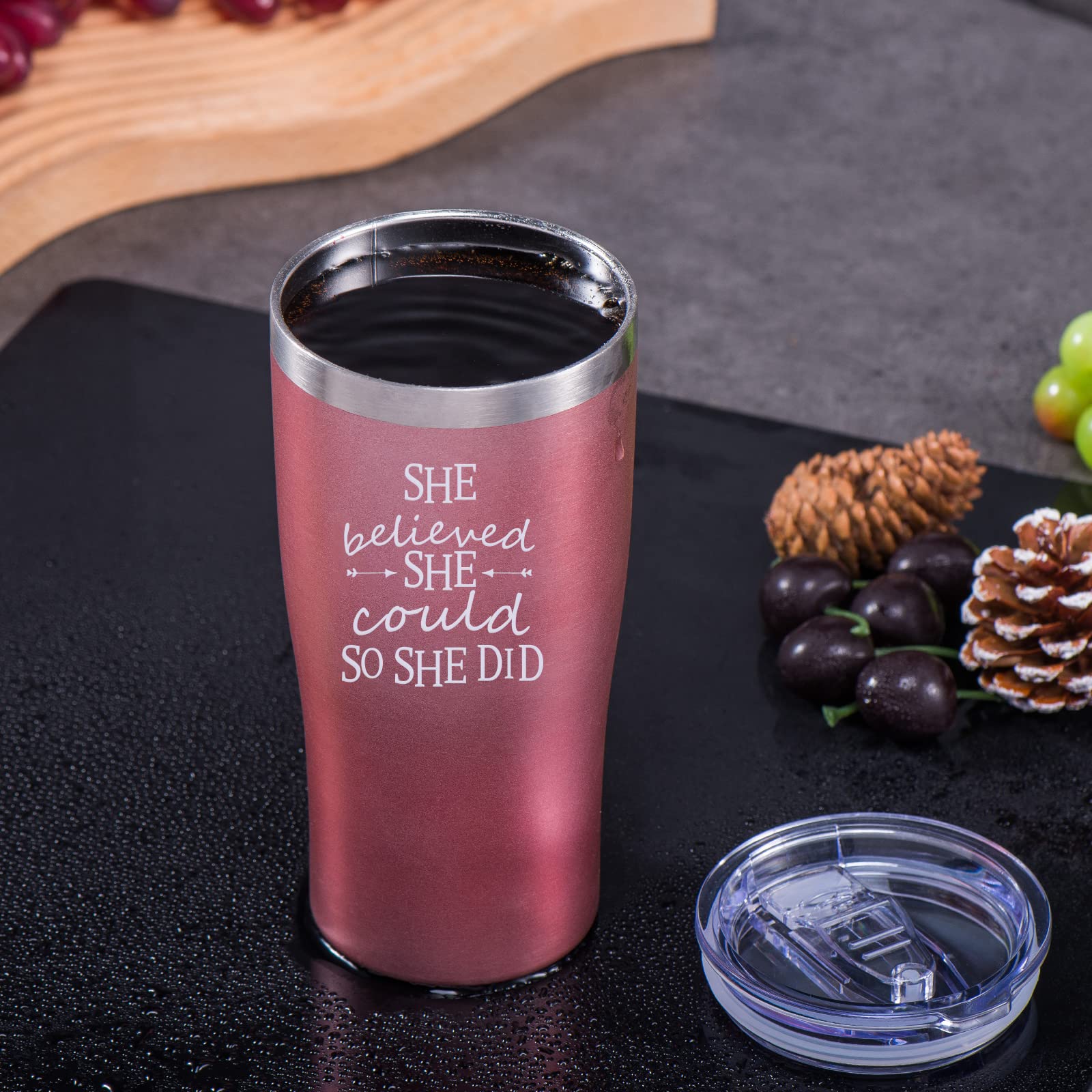 Inspirational 'She Believed She Could So She Did' Rose Gold Tumbler - Perfect Graduation Gift for Women, Girls, Her - Motivational Gift for College, New Job, Congratulations - Great for Office, School & Daily Use