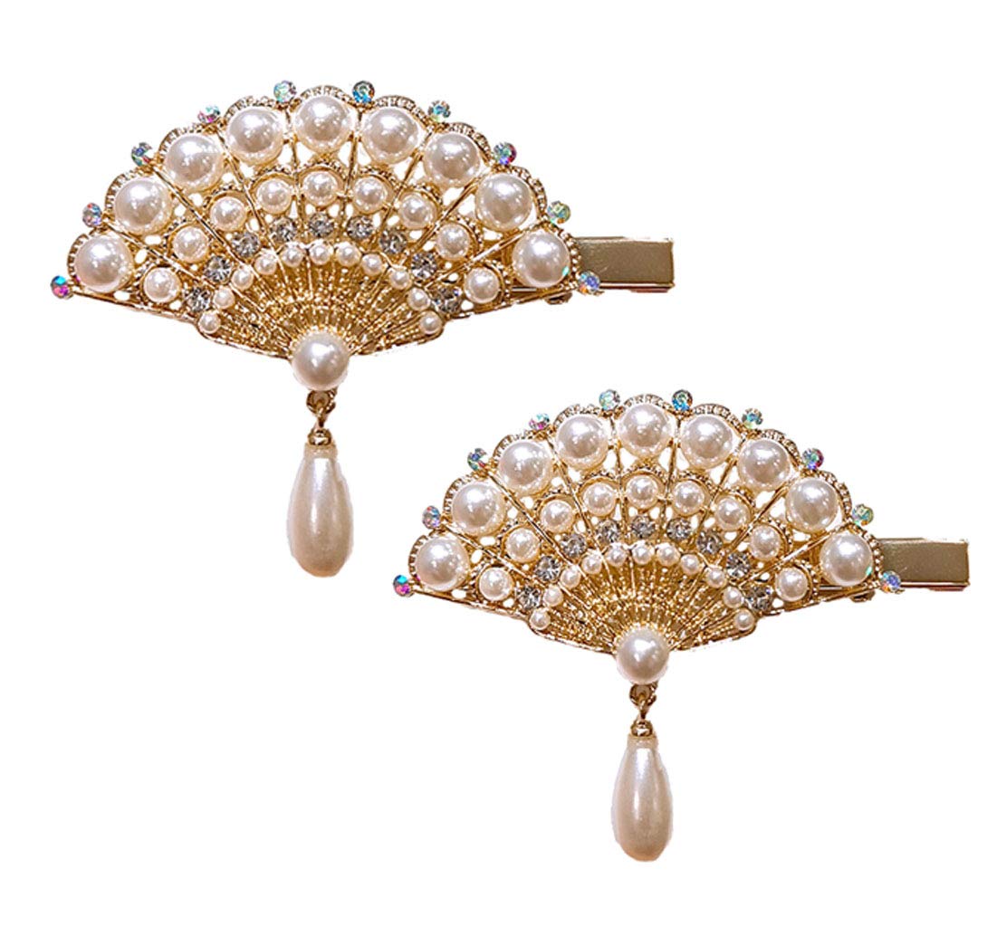 2PCS Elegant Imitation Pearl Hair Clips - Fashion Alloy Crystal Fan-Shaped Duckbill Hairpins for Women | Perfect for Weddings, Parties & Daily Styling