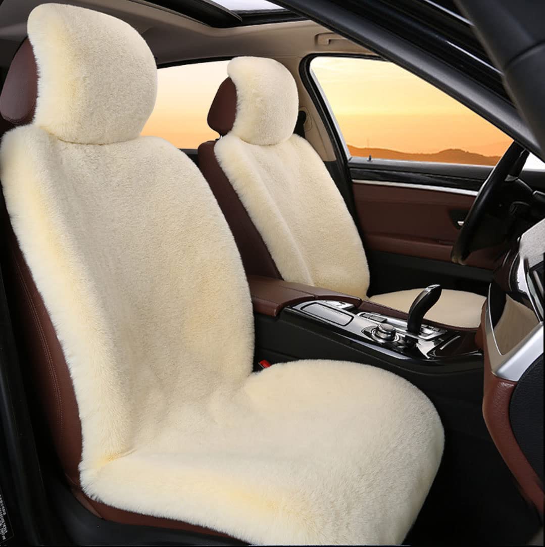 Universal Faux Rabbit Fur Car Seat Covers - 2PC Beige Fluffy Warm Seat Cushions for Chevy/Chevrolet, SUV & Trucks | Cozy Winter Driving & Luxury Interior Upgrade