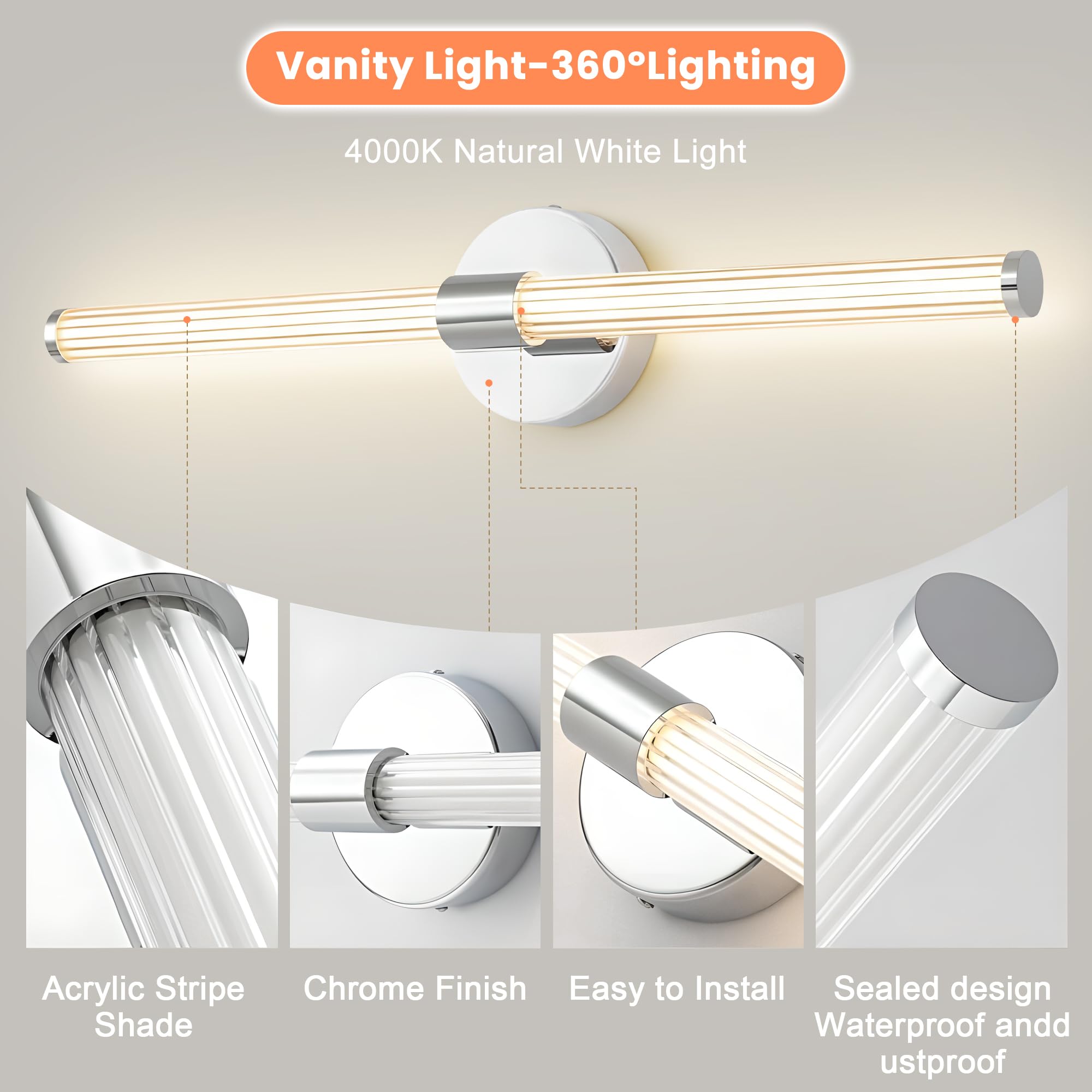 Modern 22 Inch Chrome Dimmable LED Vanity Light Bar - 360° Full Lighting Bathroom Mirror Light Fixture, 4000K Natural White, Wall Sconce for Bedroom, Living Room & Bathroom - Perfect for Makeup, Grooming & Ambient Lighting